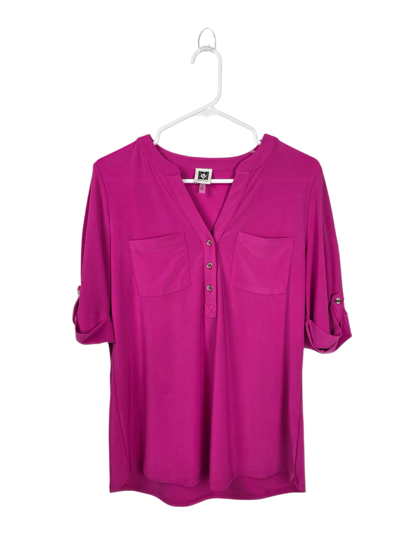Magenta Roll-Tab Sleeve Blouse – Button-Front V-Neck Top