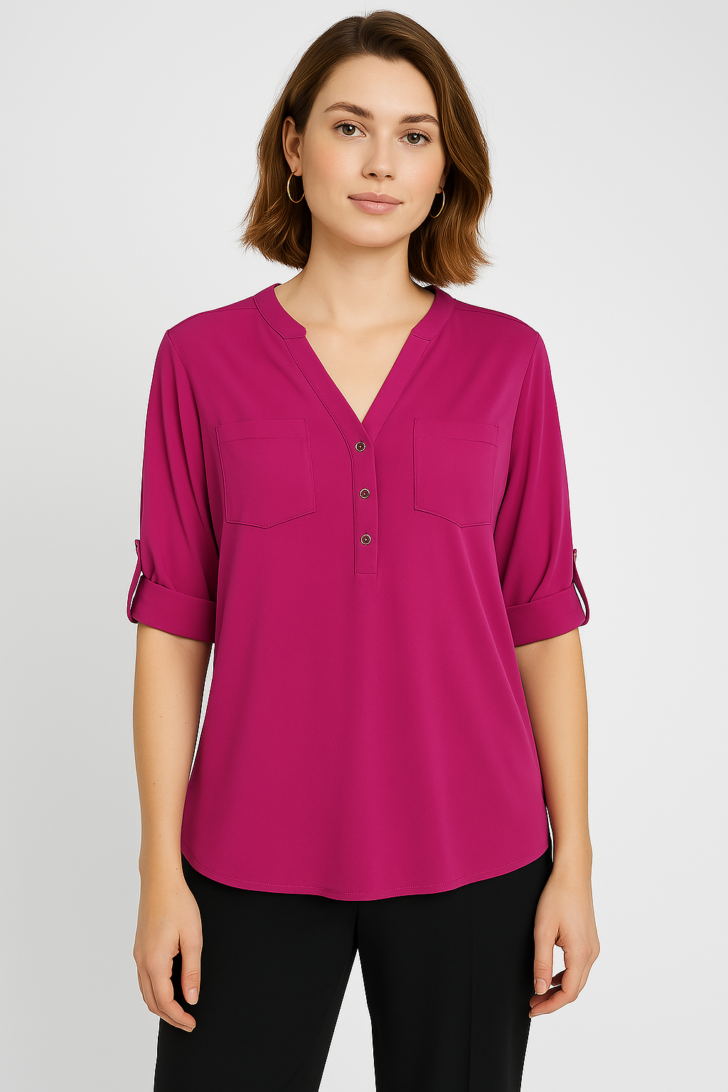 Magenta Roll-Tab Sleeve Blouse – Button-Front V-Neck Top