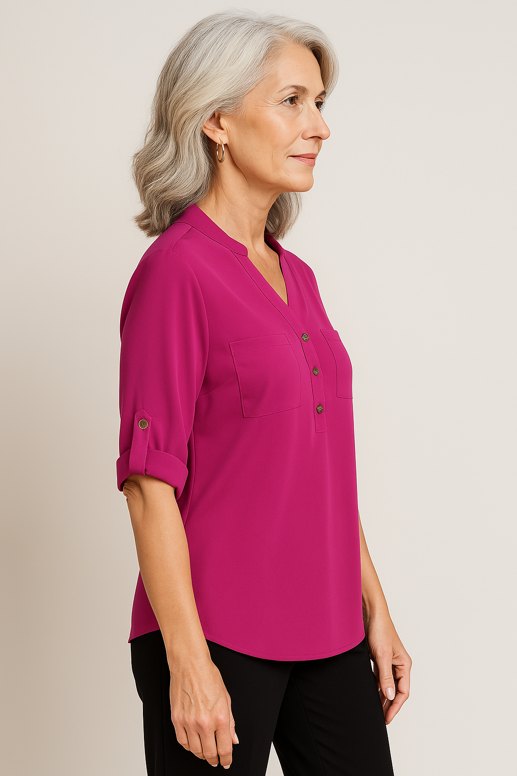Magenta Roll-Tab Sleeve Blouse – Button-Front V-Neck Top