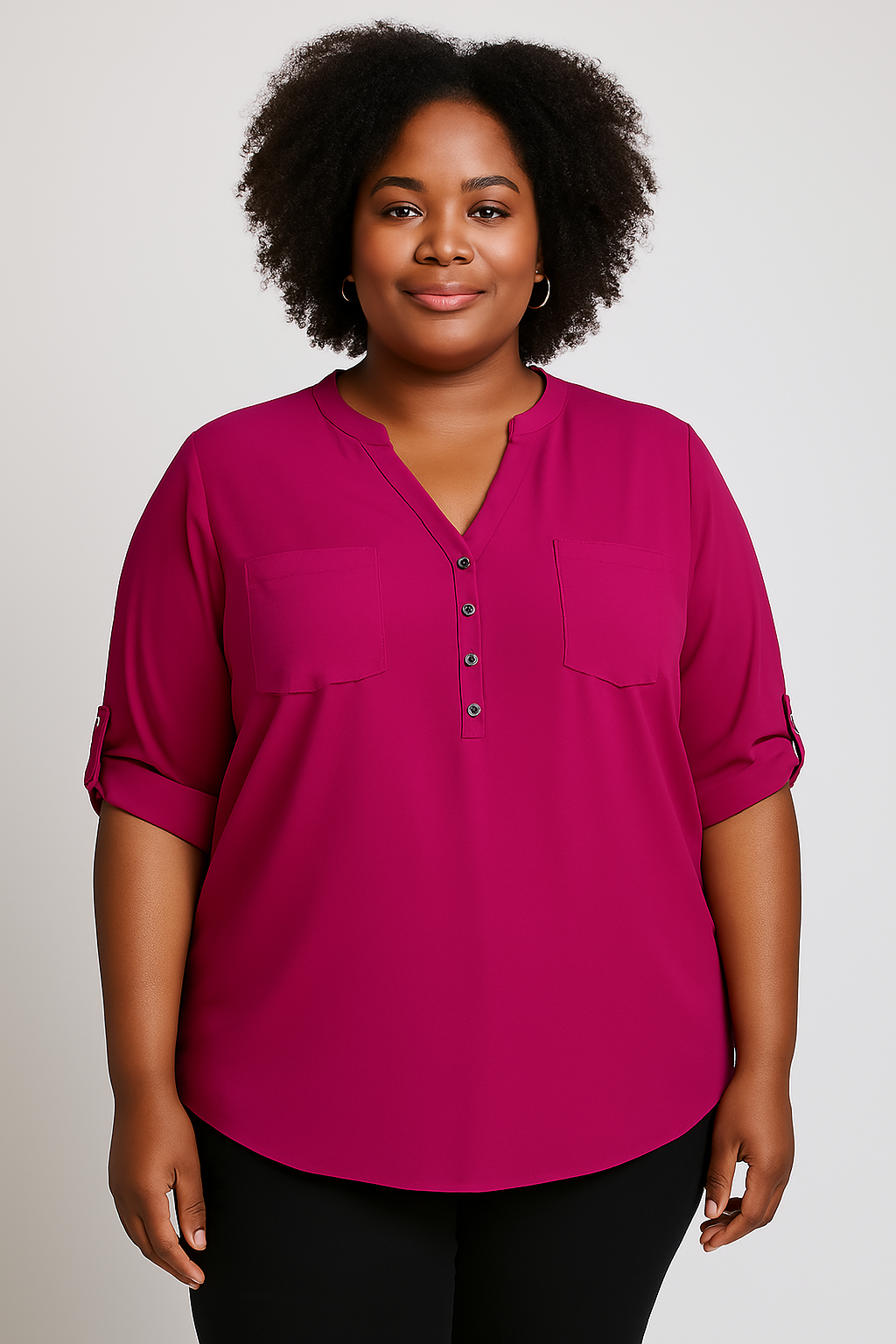 Magenta Roll-Tab Sleeve Blouse – Button-Front V-Neck Top