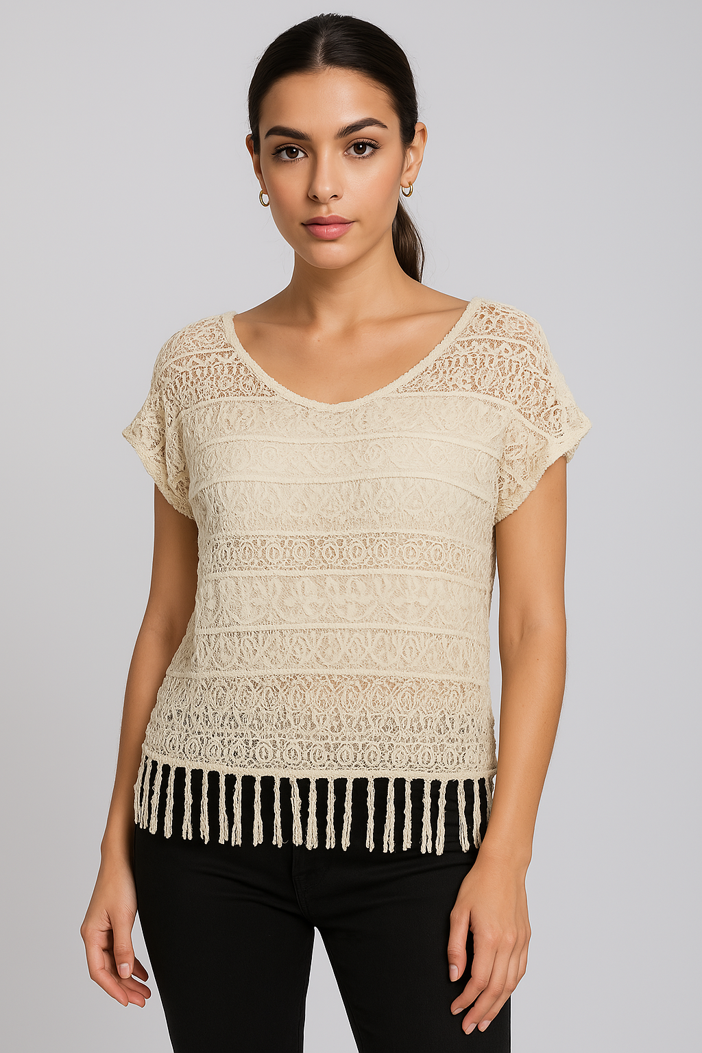 Vintage Boho Lace Fringe Top – Cream Crochet Short Sleeve Blouse