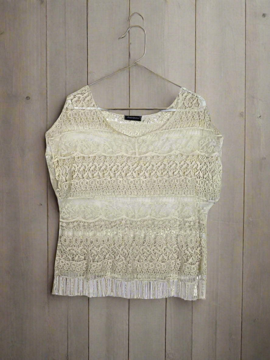 Vintage Boho Lace Fringe Top – Cream Crochet Short Sleeve Blouse
