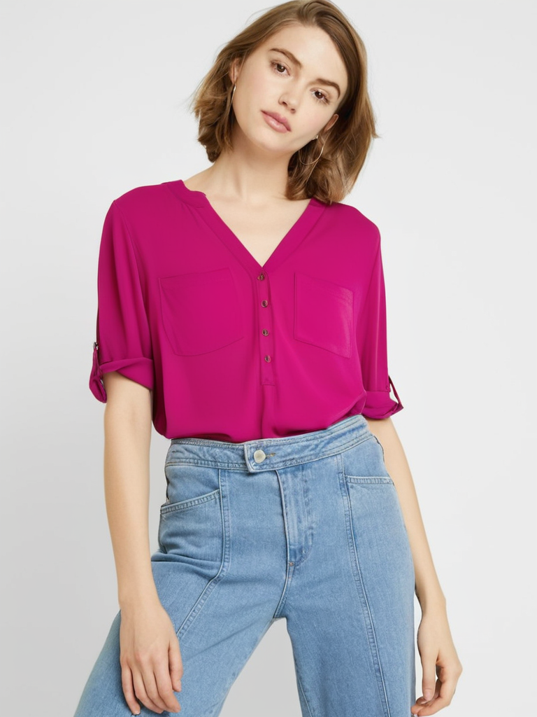 Magenta Roll-Tab Sleeve Blouse – Button-Front V-Neck Top