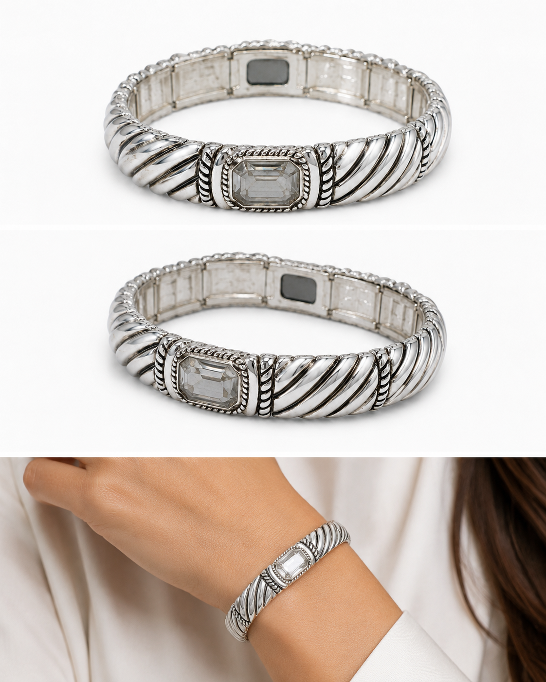 Silver Current silver-tone crystal stretch bracelet worn on a woman
