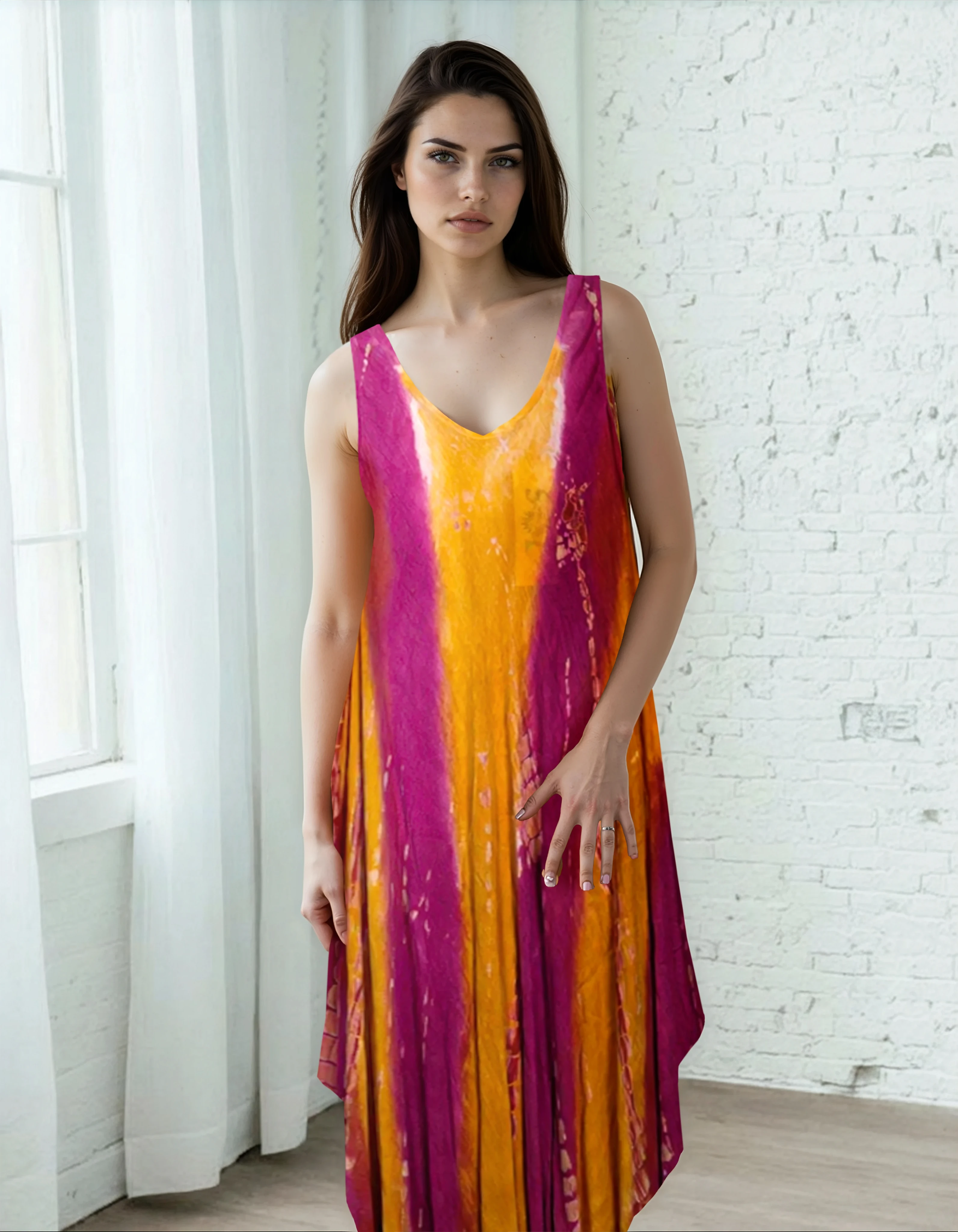 Unexpectedly You Sunset Whispers – Bohemian Hand-Dyed Flowy Dress in Magenta & Marigold