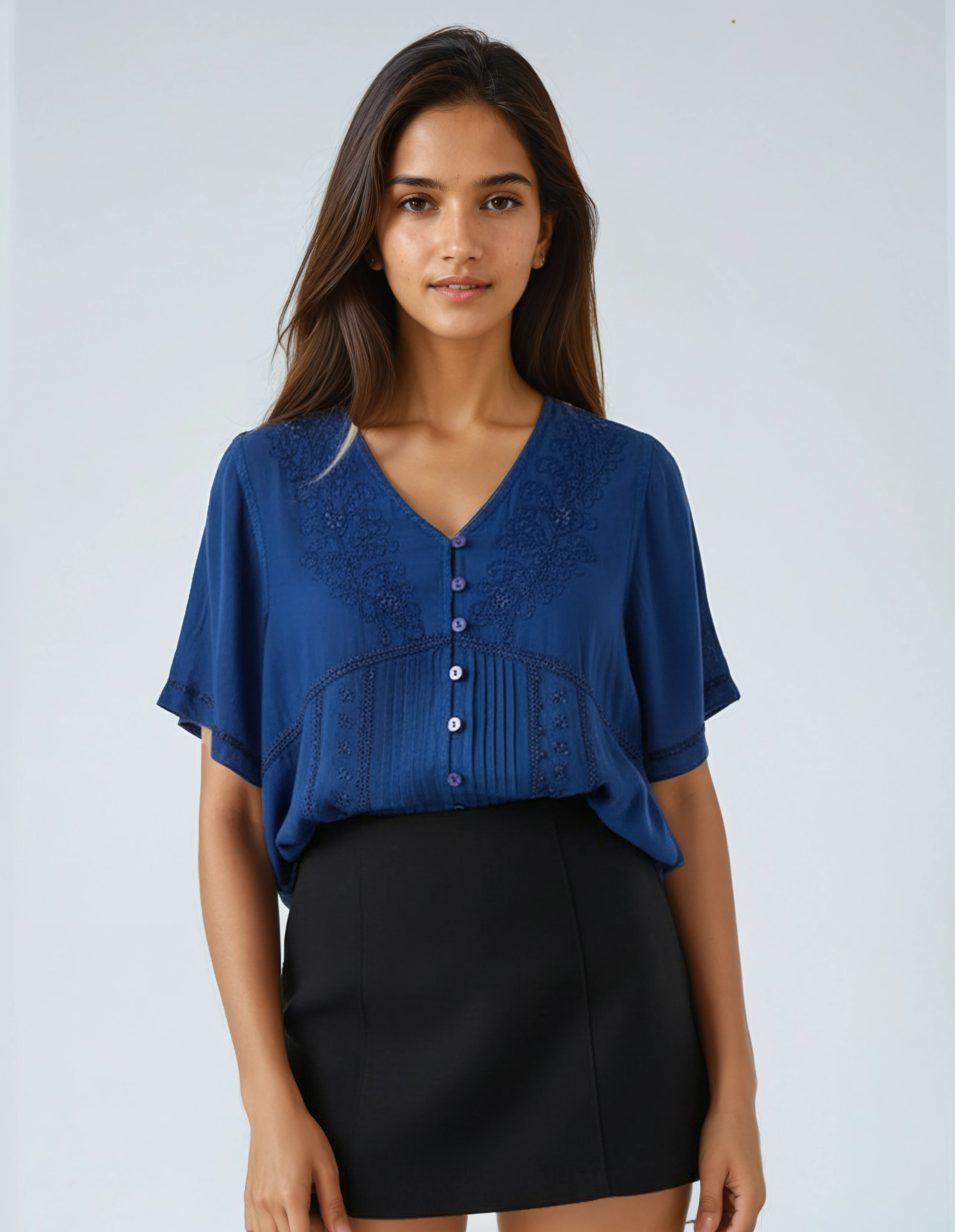 Unexpectedly You Midnight Harmony – Deep Blue Boho Embroidered Blouse