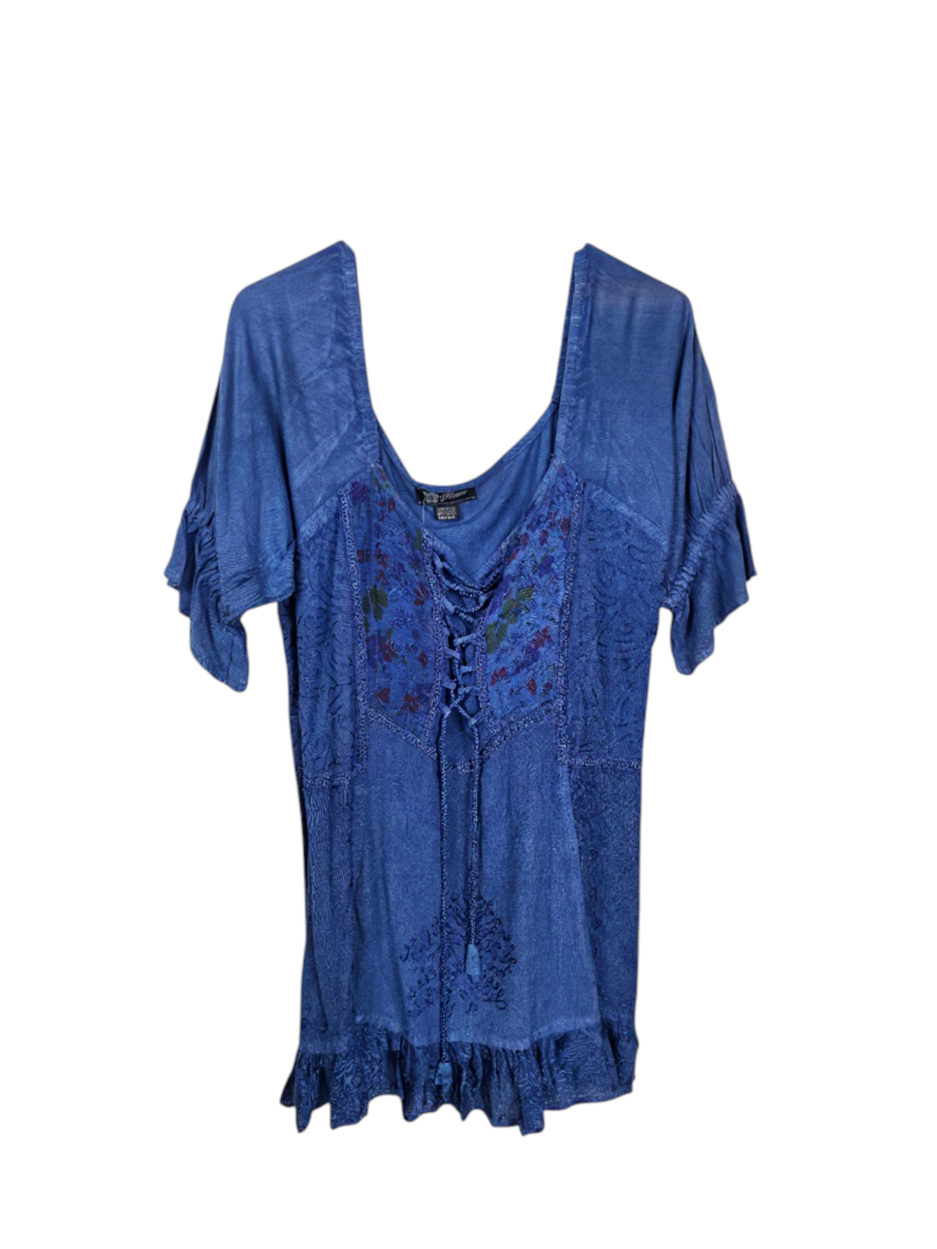Unexpectedly You Blue Meadow – Lace-Up Embroidered Boho Peplum Blouse
