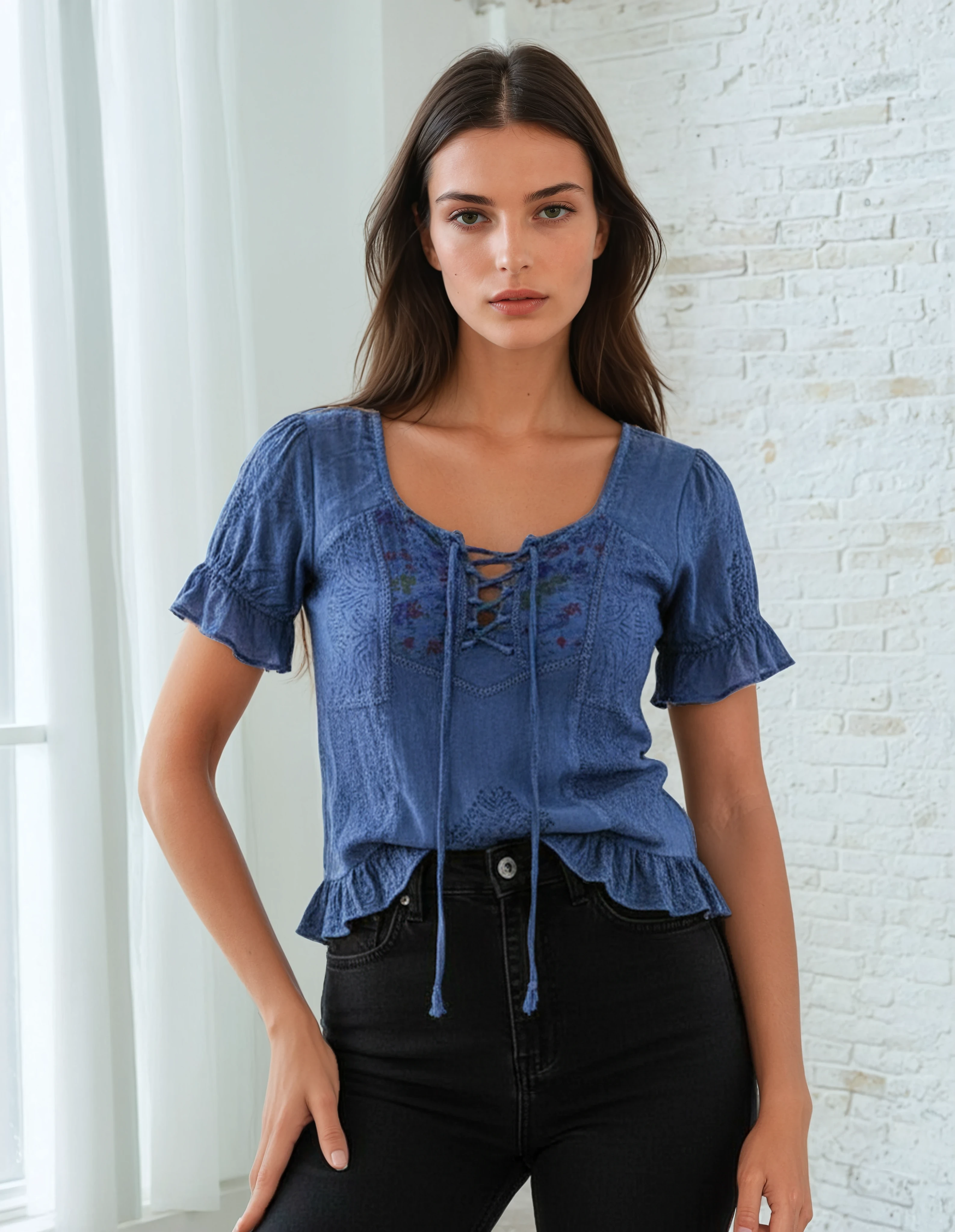Unexpectedly You Blue Meadow – Lace-Up Embroidered Boho Peplum Blouse
