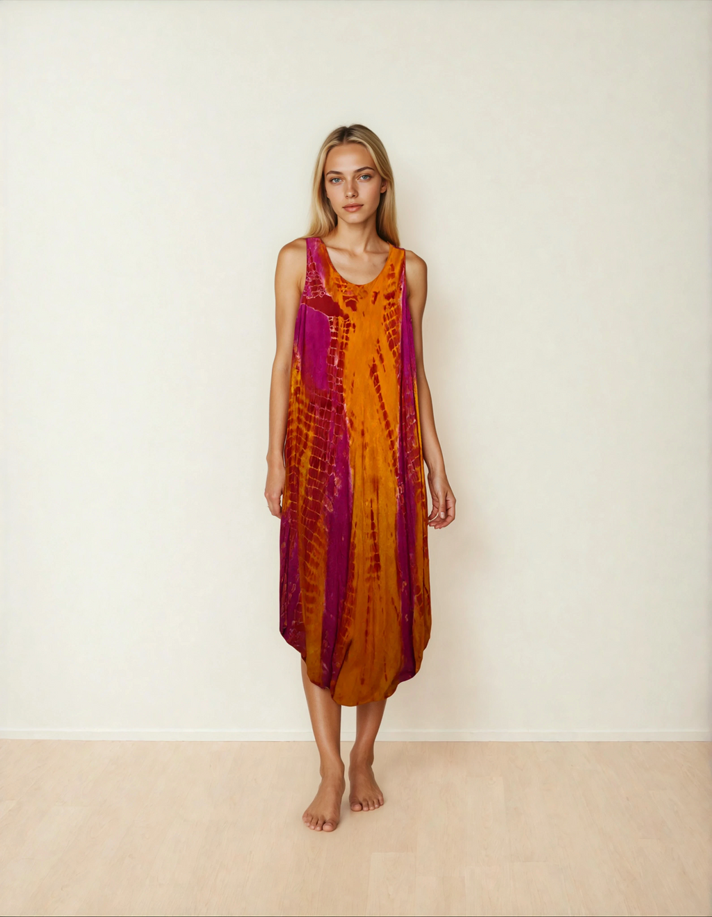 Unexpectedly You Sunset Muse – Orange & Magenta Tie-Dye Midi Dress