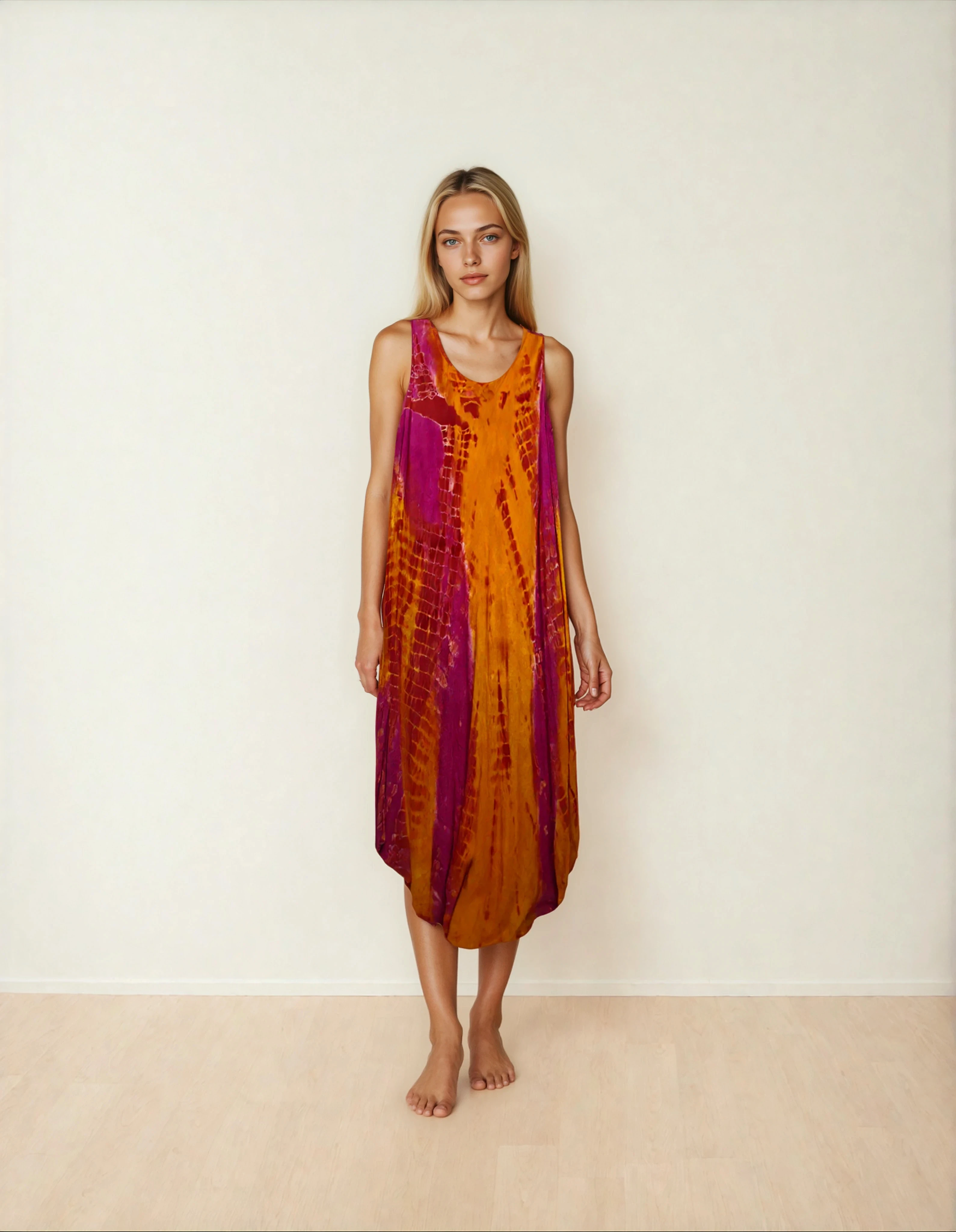 Unexpectedly You Sunset Muse – Orange & Magenta Tie-Dye Midi Dress