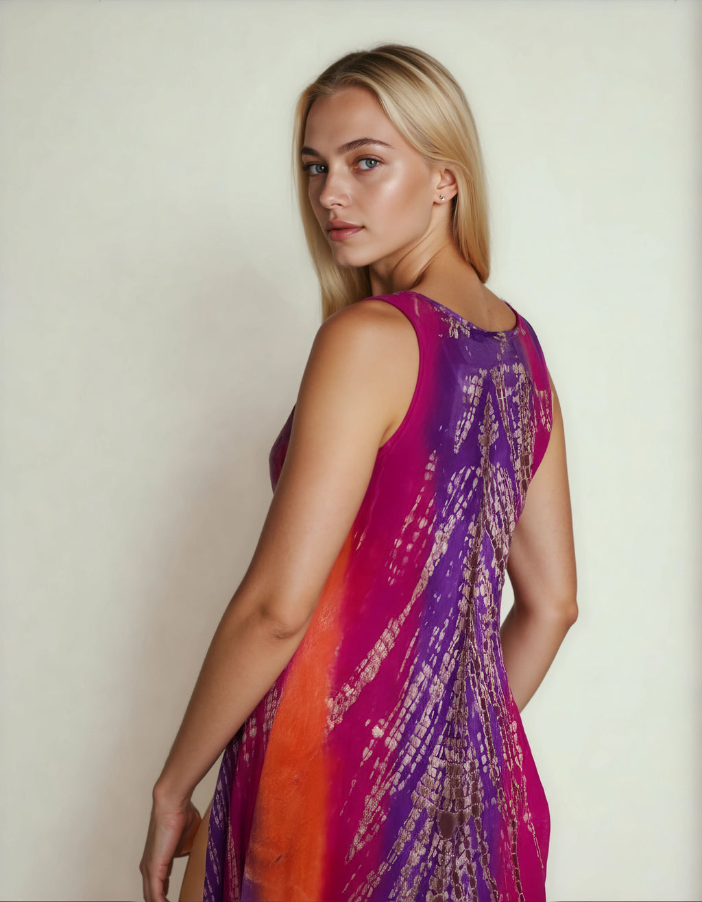 Unexpectedly You Sunset Bloom – Orange & Purple Tie-Dye Asymmetrical Dress