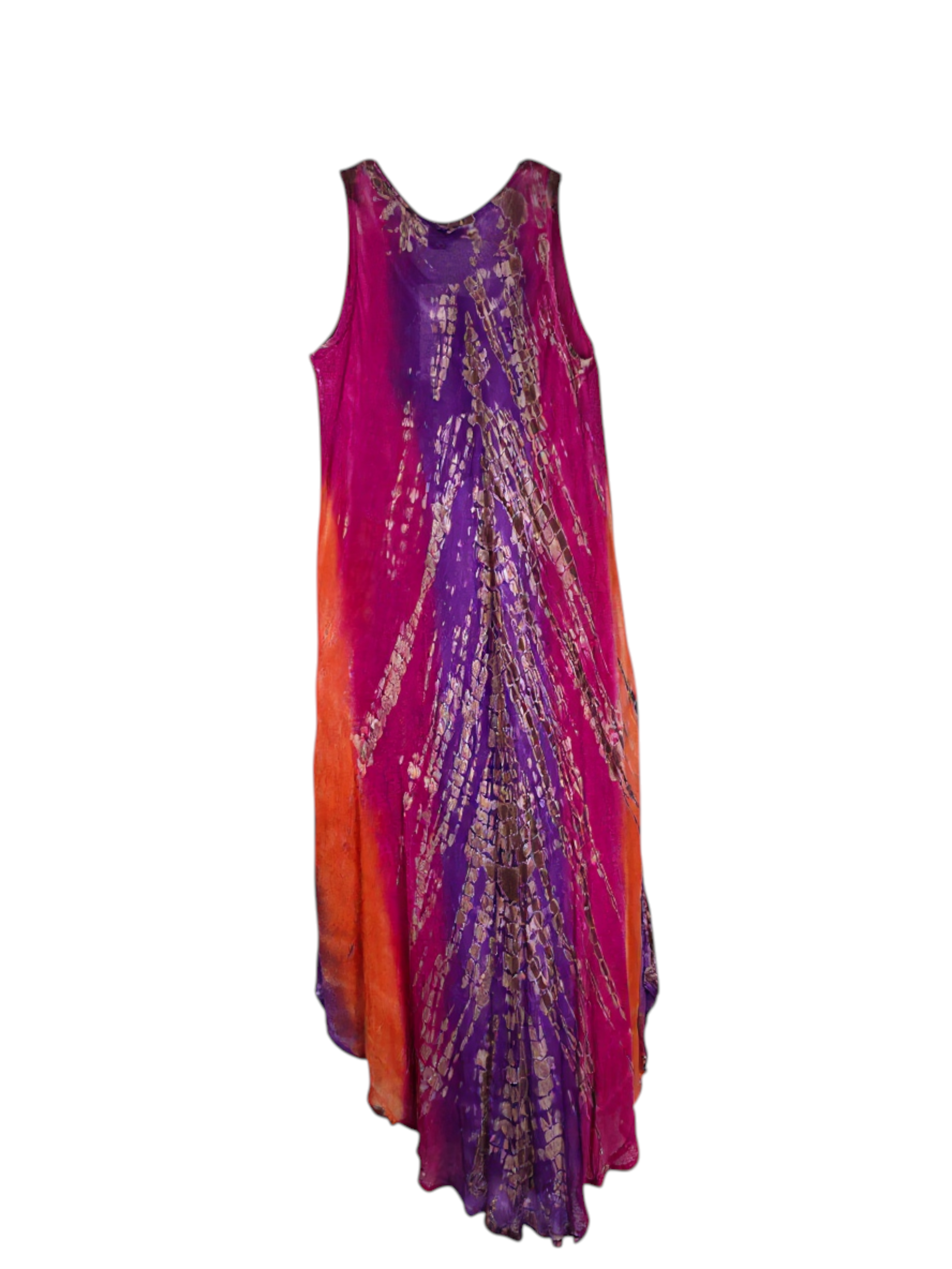 Unexpectedly You Sunset Bloom – Orange & Purple Tie-Dye Asymmetrical Dress