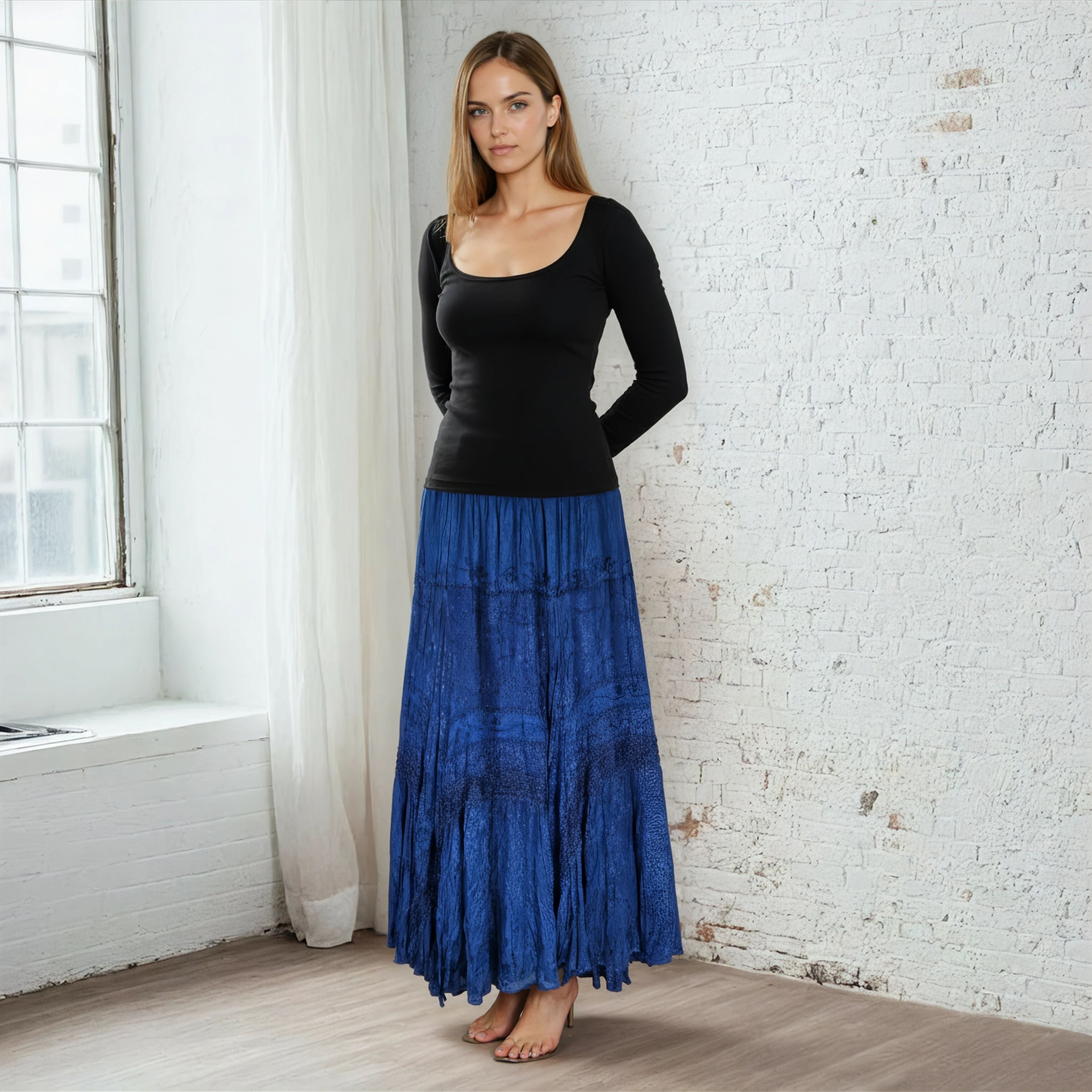 Unexpectedly You Sapphire Tide Crinkle Boho Maxi Skirt