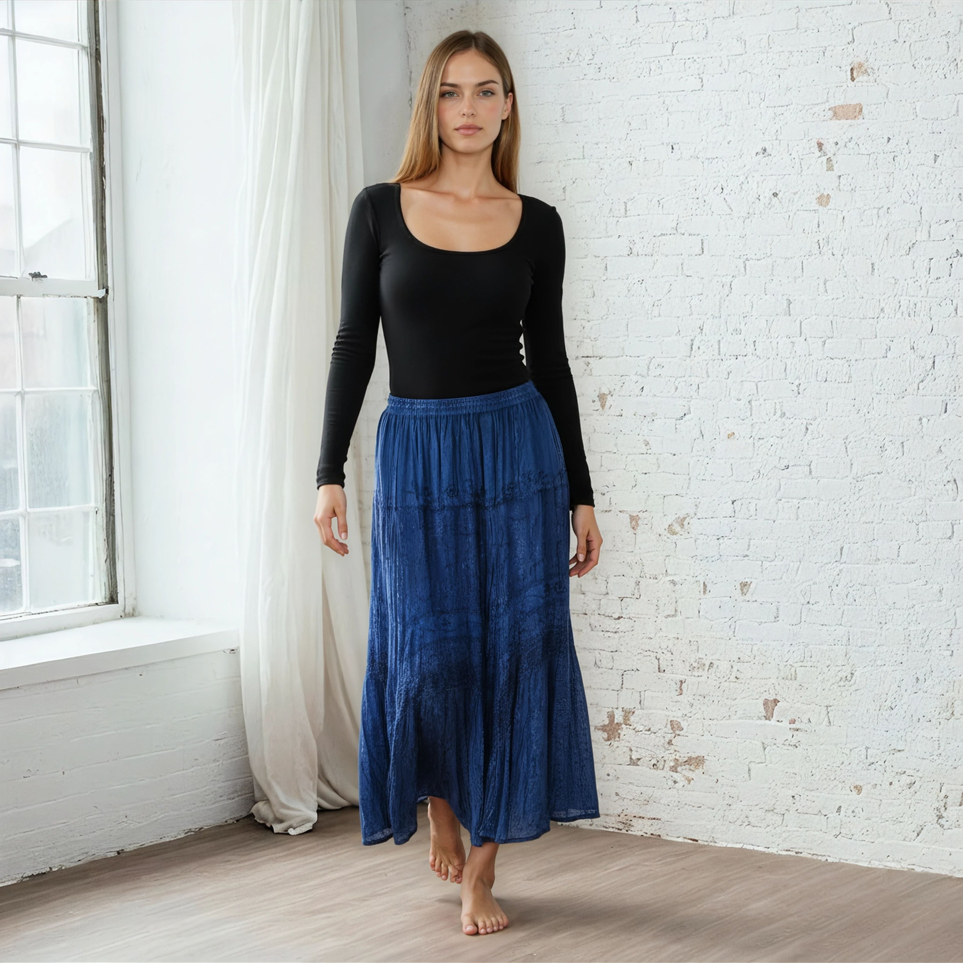 Unexpectedly You Sapphire Tide Crinkle Boho Maxi Skirt