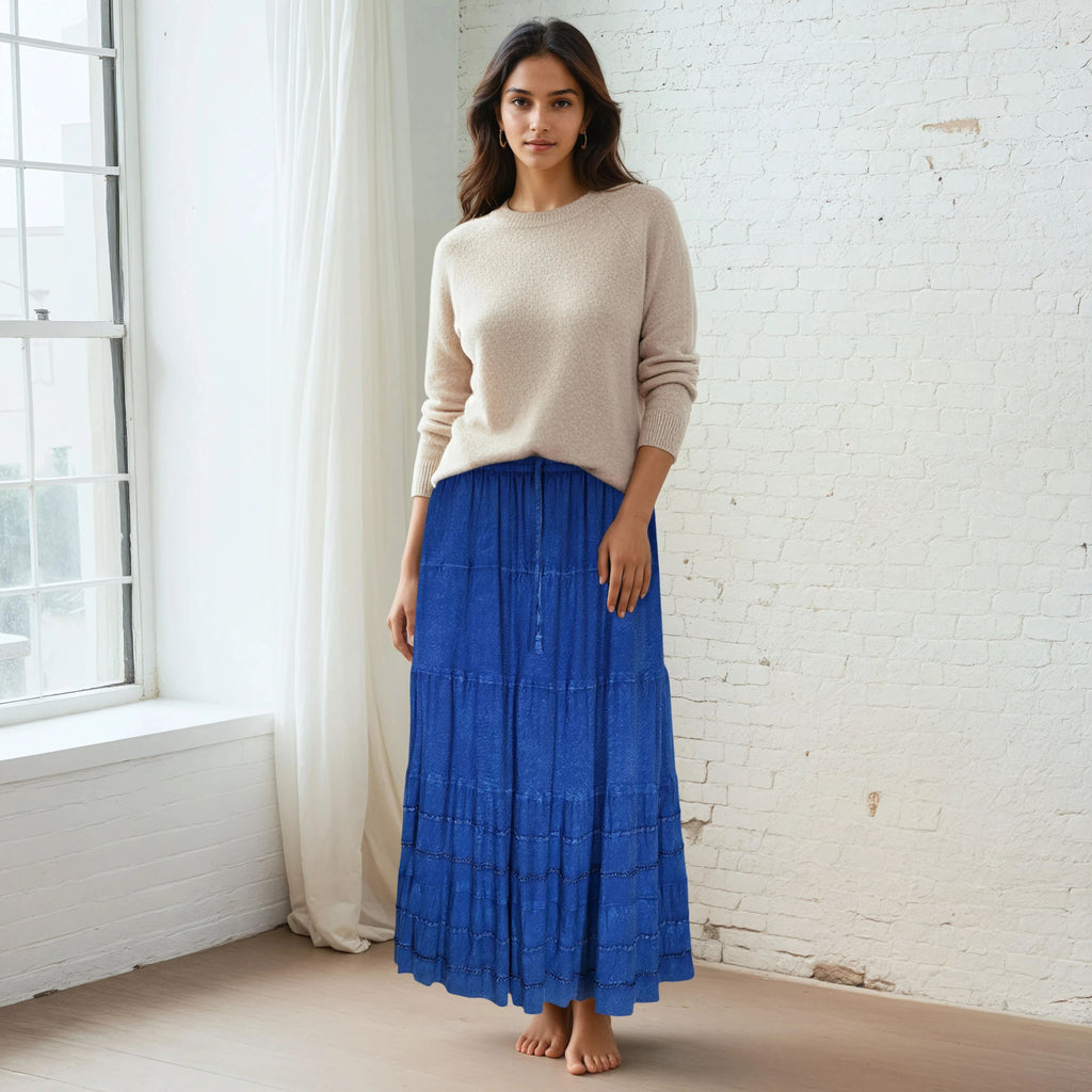 Unexpectedly You Royal Sapphire Tiered Boho Maxi Skirt