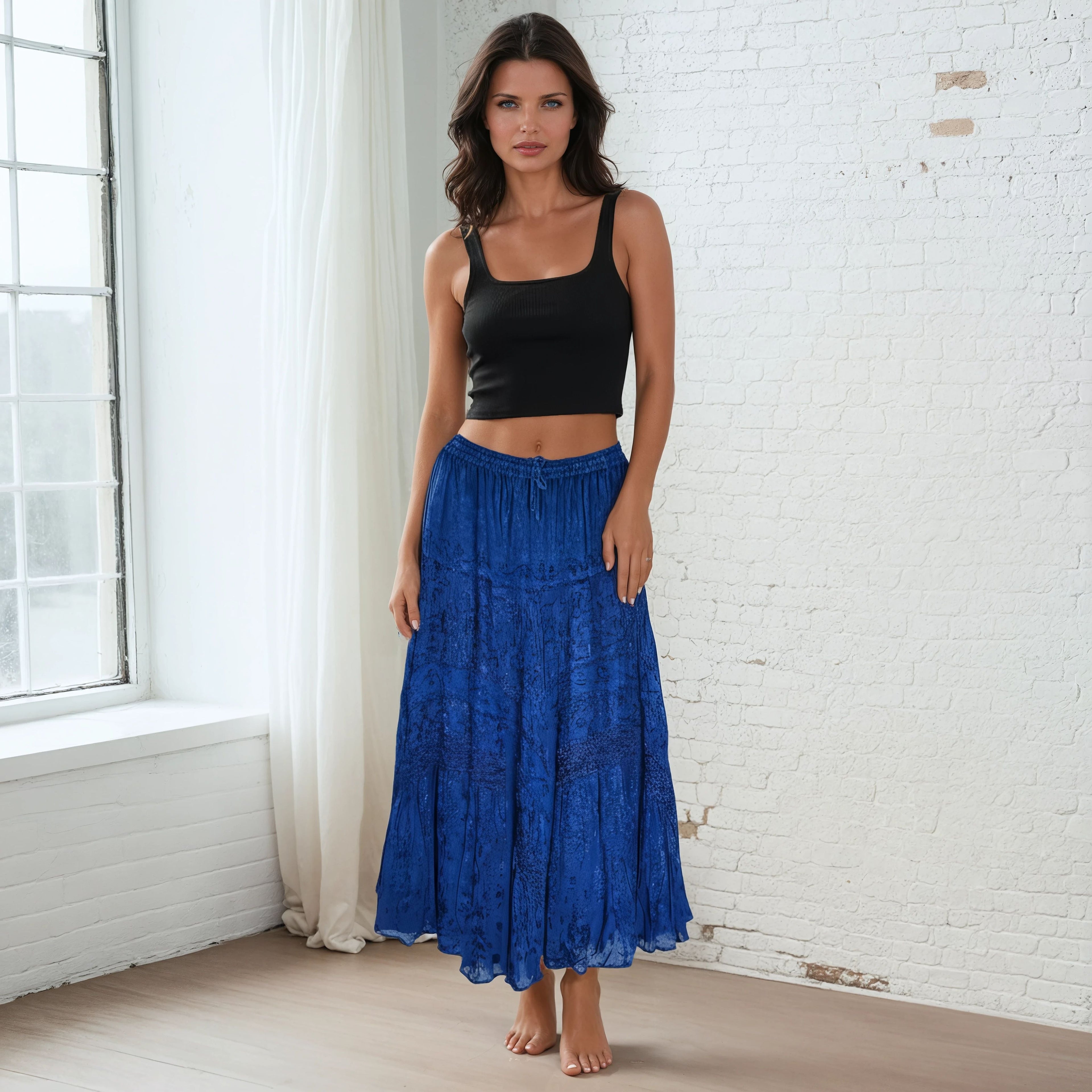 Unexpectedly You Royal Blue Embroidered Crinkle Boho Skirt
