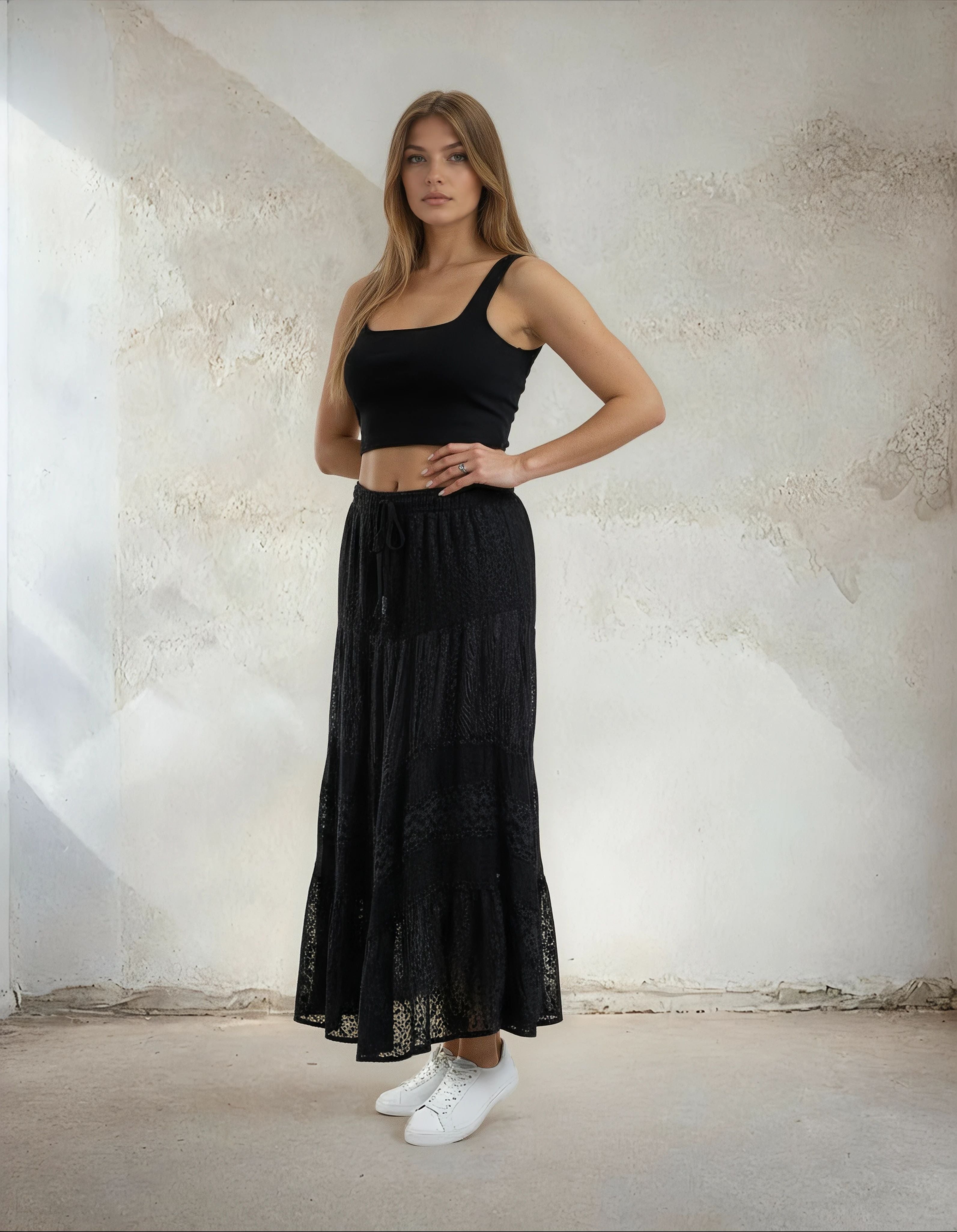 Unexpectedly You Midnight Black Crinkle Boho Maxi Skirt