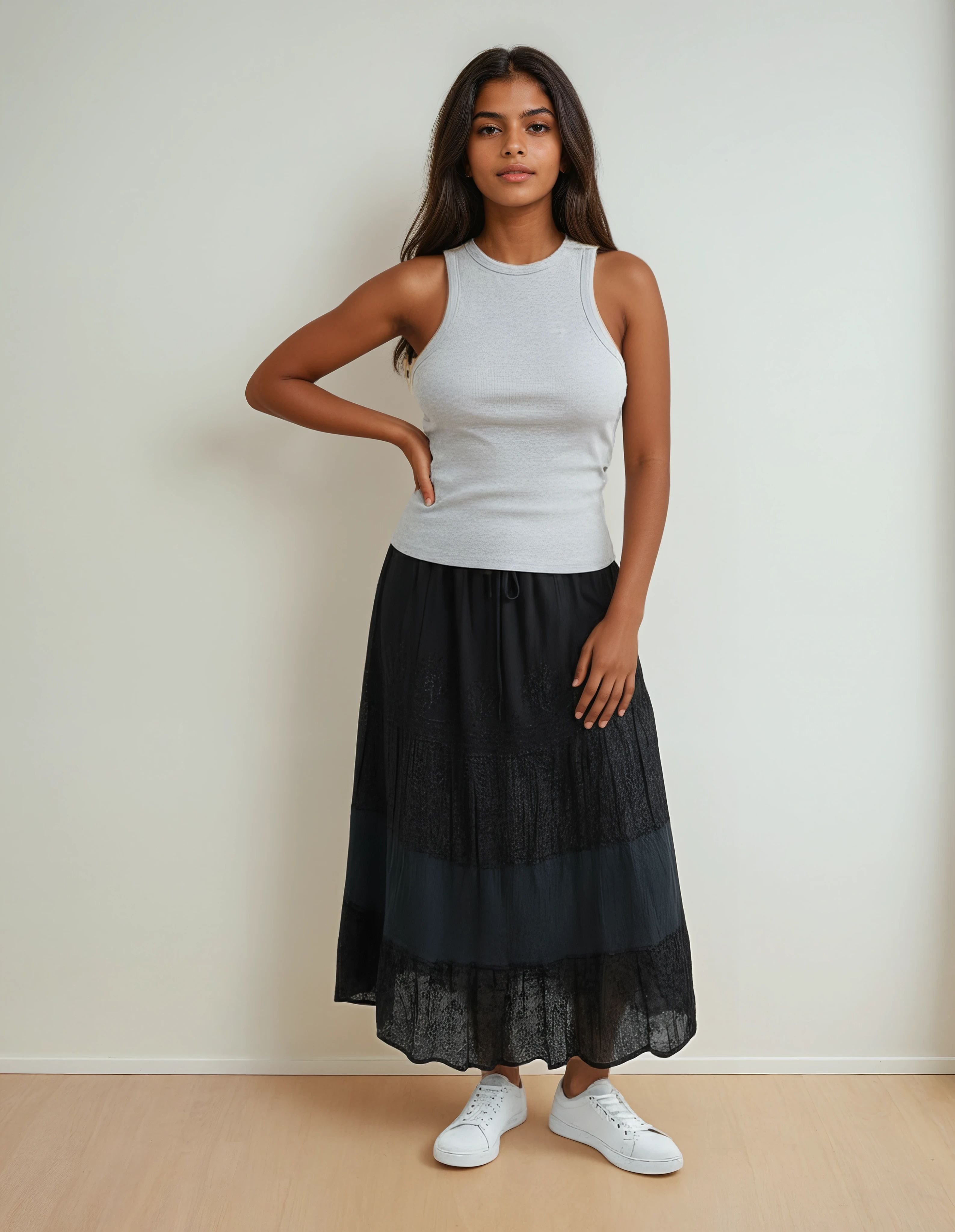 Unexpectedly You Midnight Noir Crinkle Boho Tiered Maxi Skirt