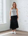 Unexpectedly You Midnight Noir Lace Crinkle Boho Midi Skirt