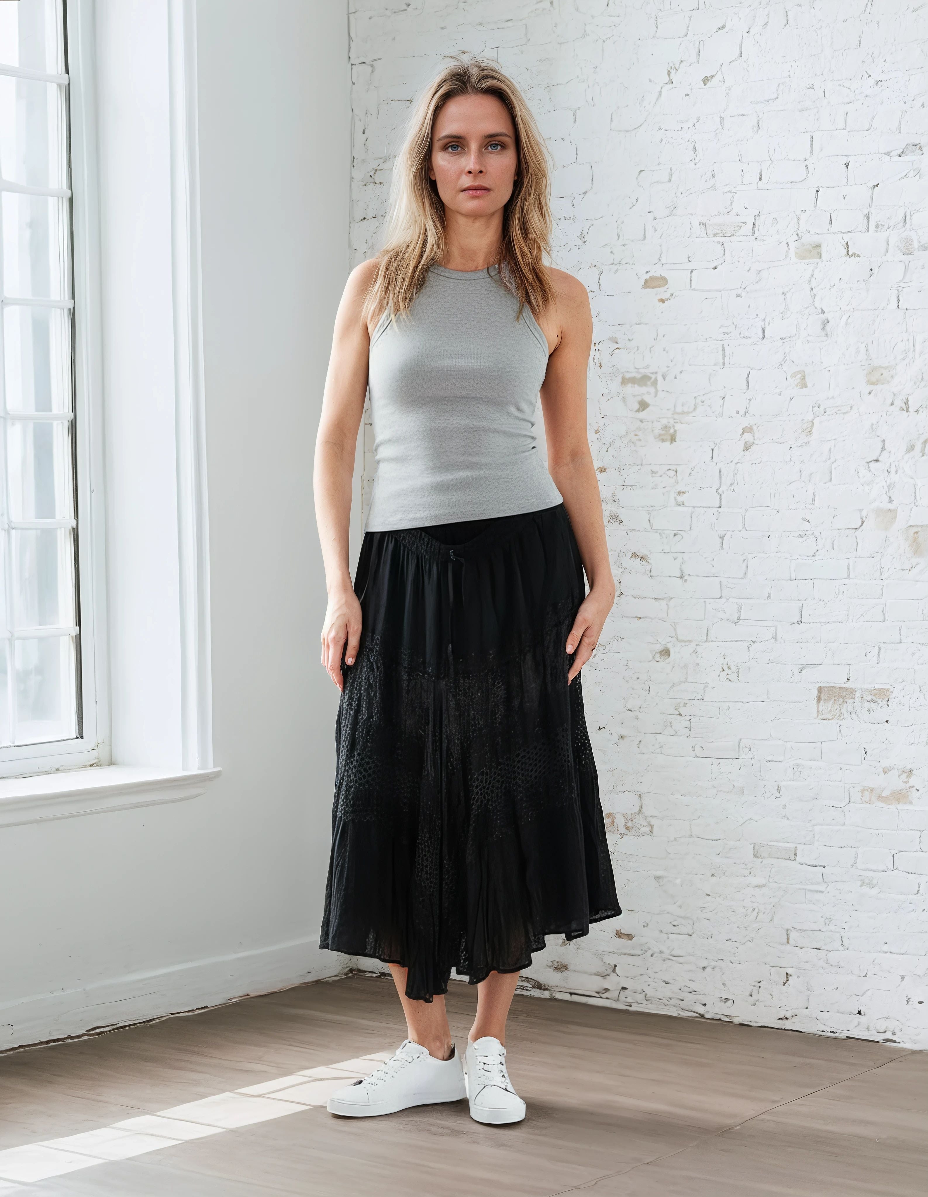 Unexpectedly You Midnight Noir Lace Crinkle Boho Midi Skirt