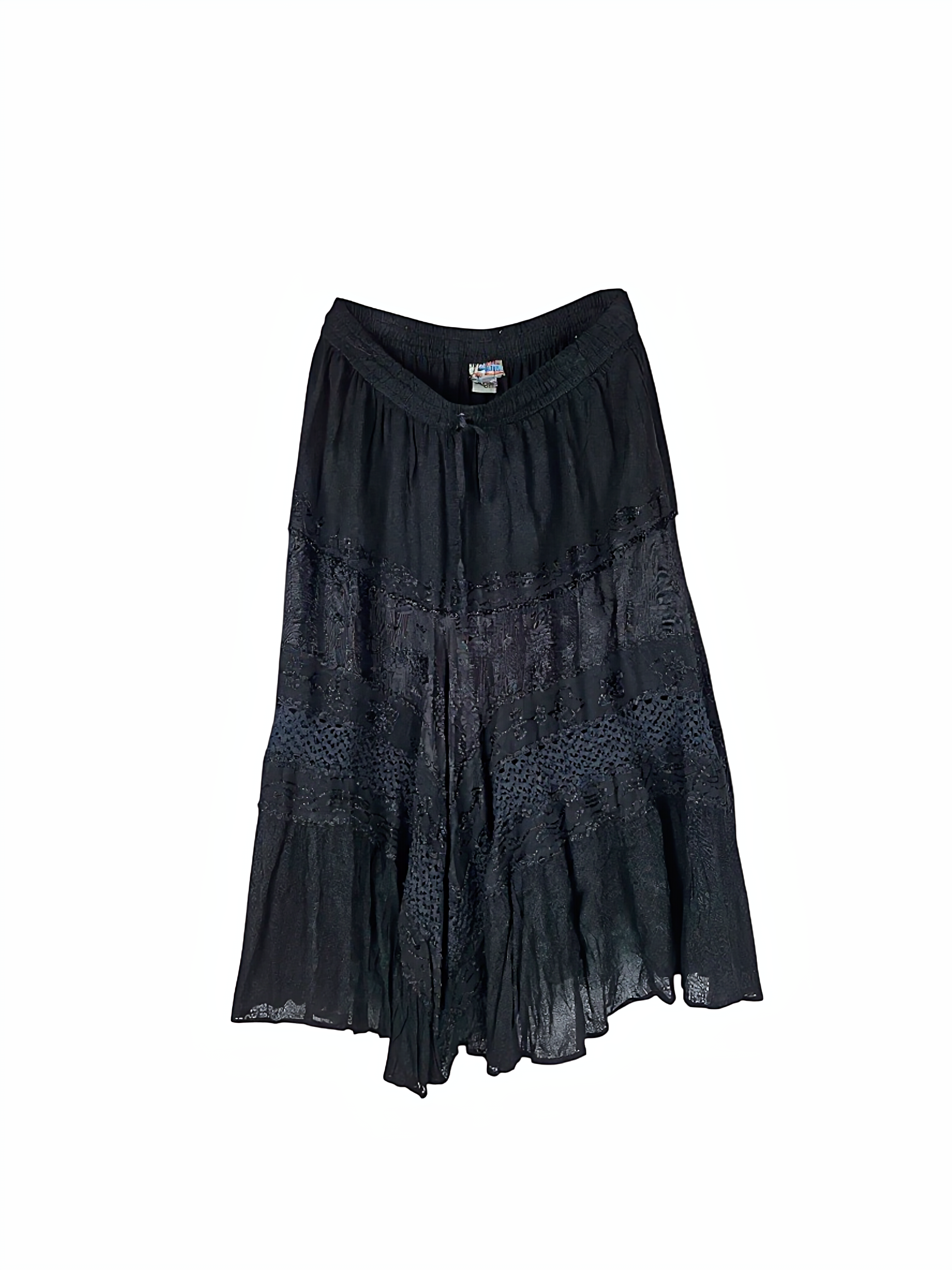 Unexpectedly You Midnight Noir Lace Crinkle Boho Midi Skirt