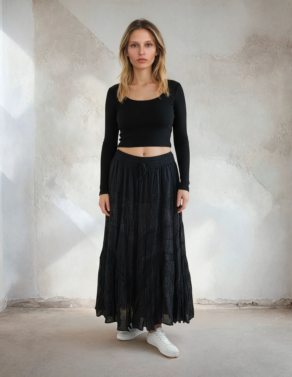 Unexpectedly You Shadowlace Boho Crinkle Maxi Skirt