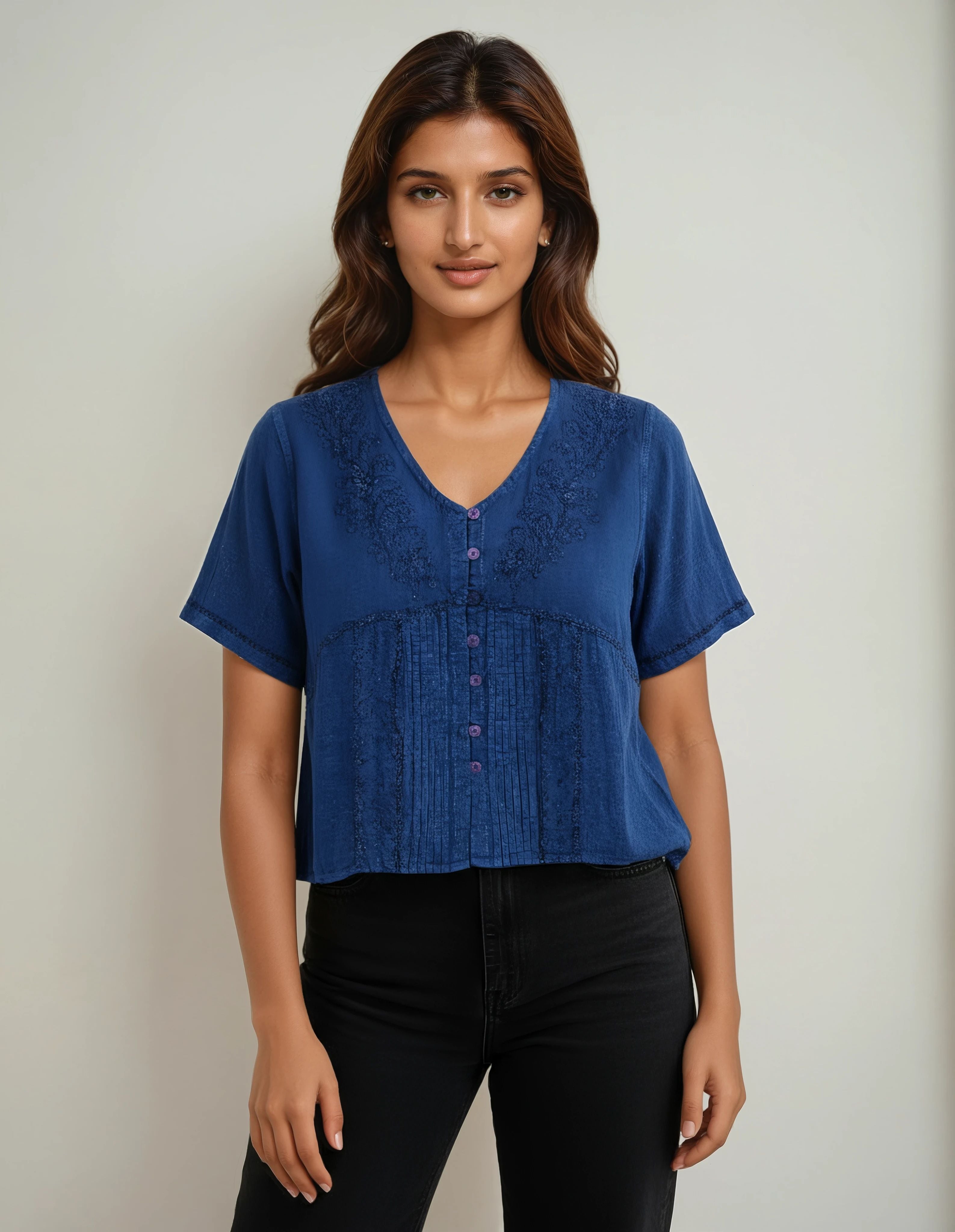 Unexpectedly You Midnight Bloom Embroidered Boho Top