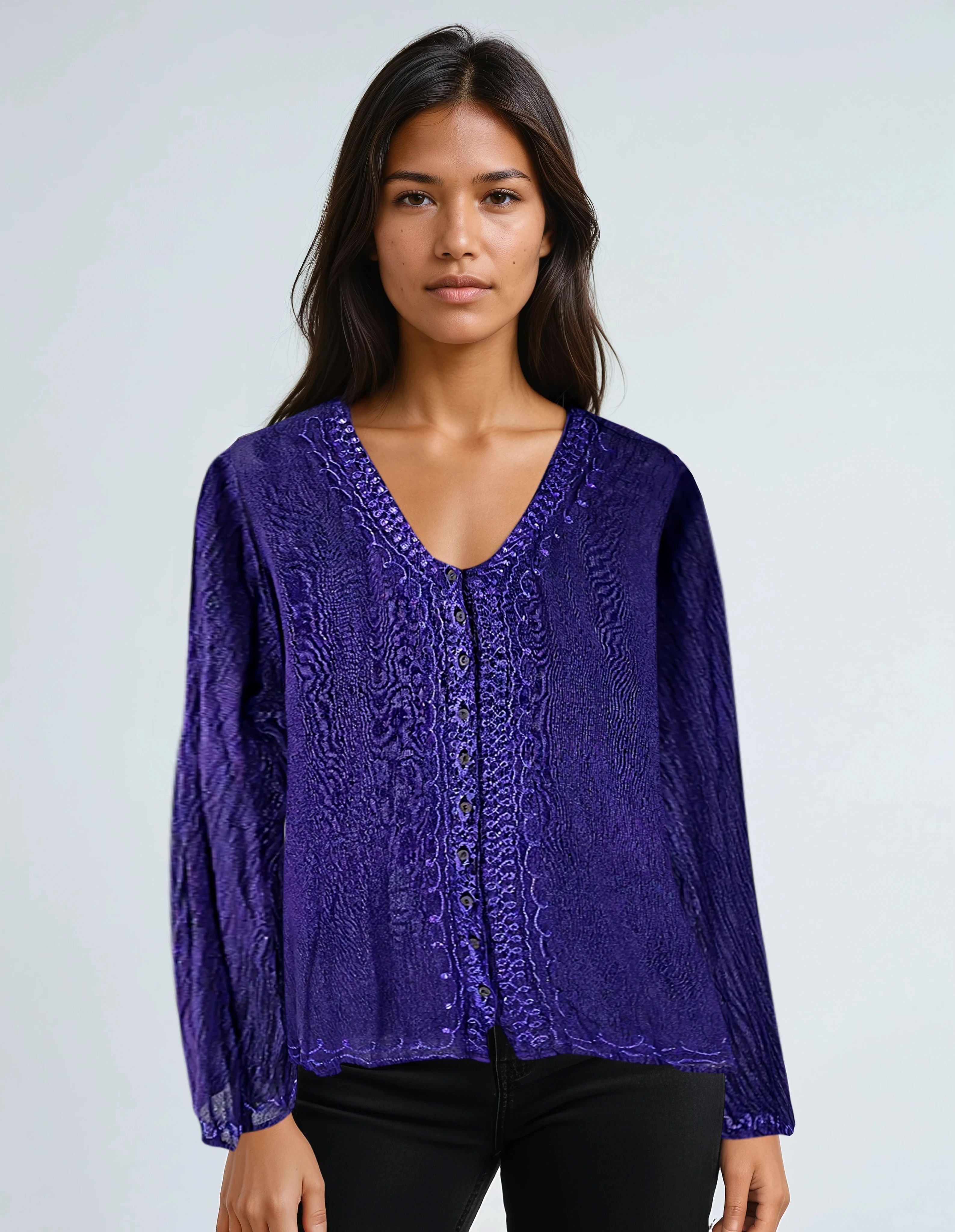 Unexpectedly You Amethyst Dawn Embroidered Boho Top