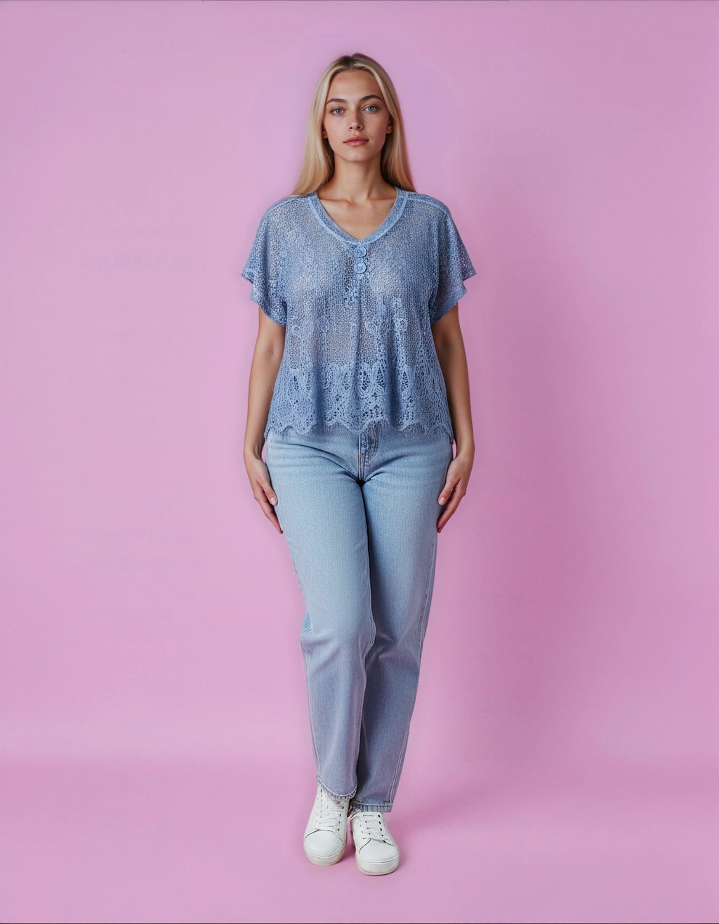 Unexpectedly You Dusty Blue Crochet Lace Button Top