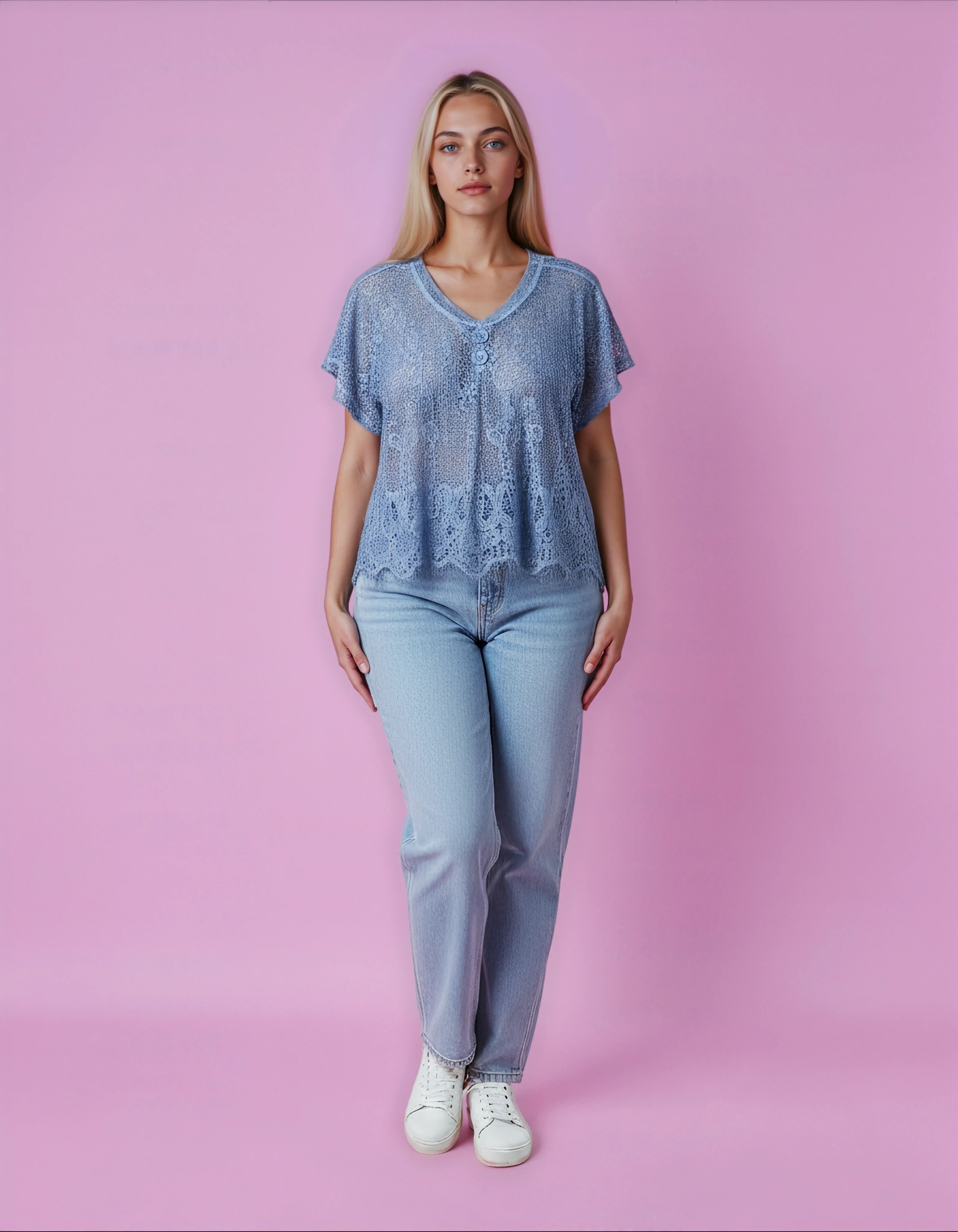 Unexpectedly You Dusty Blue Crochet Lace Button Top