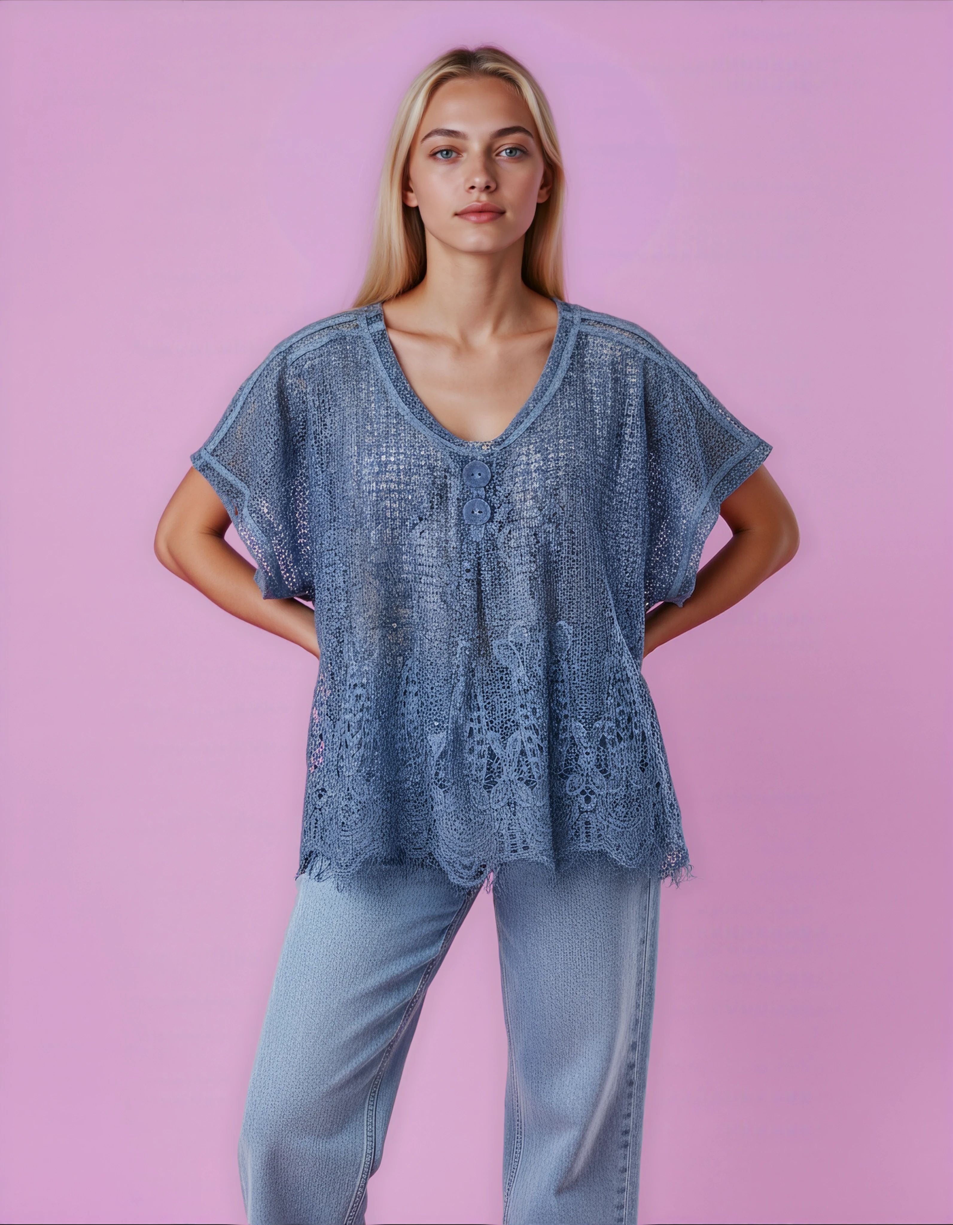 Unexpectedly You Dusty Blue Crochet Lace Button Top