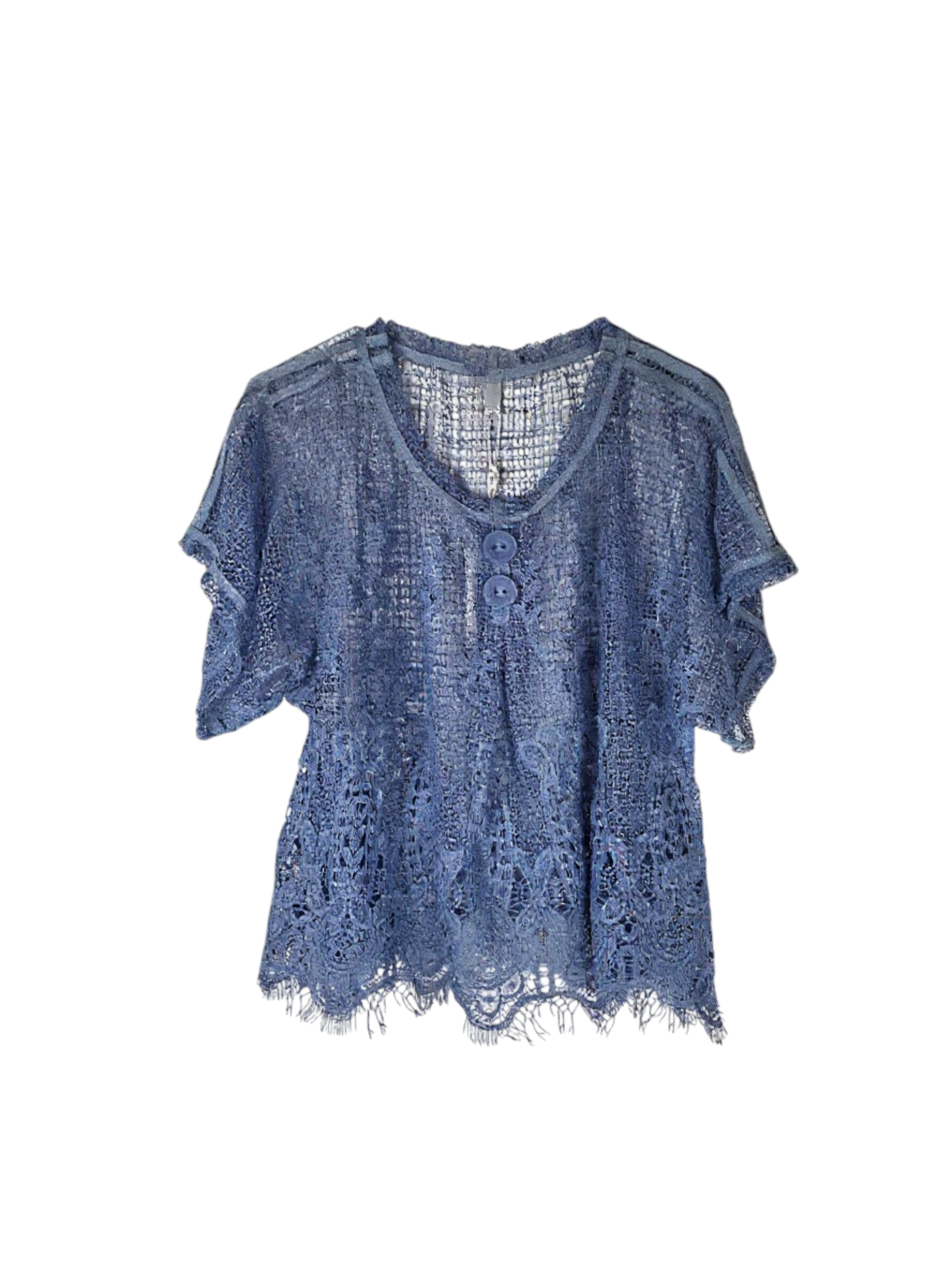 Unexpectedly You Dusty Blue Crochet Lace Button Top