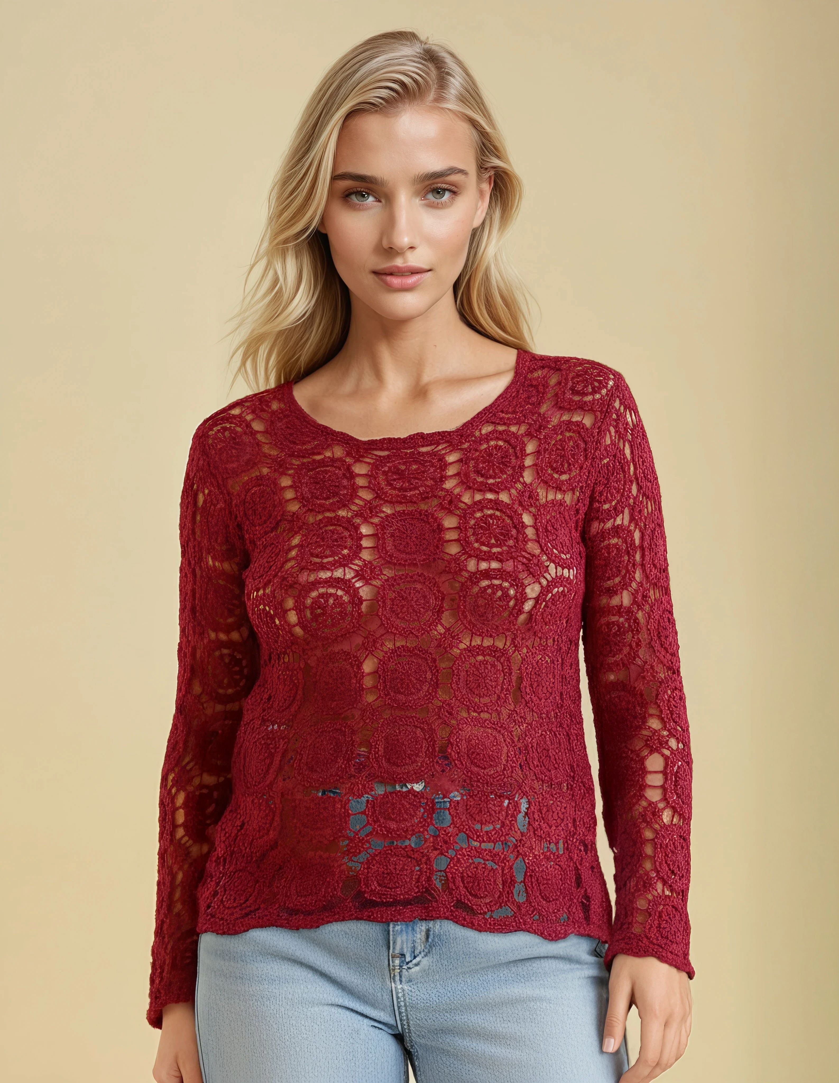 Unexpectedly You Crimson Crochet Boho Lace Top