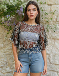 Unexpectedly You Midnight Petal Embroidered Mesh Top