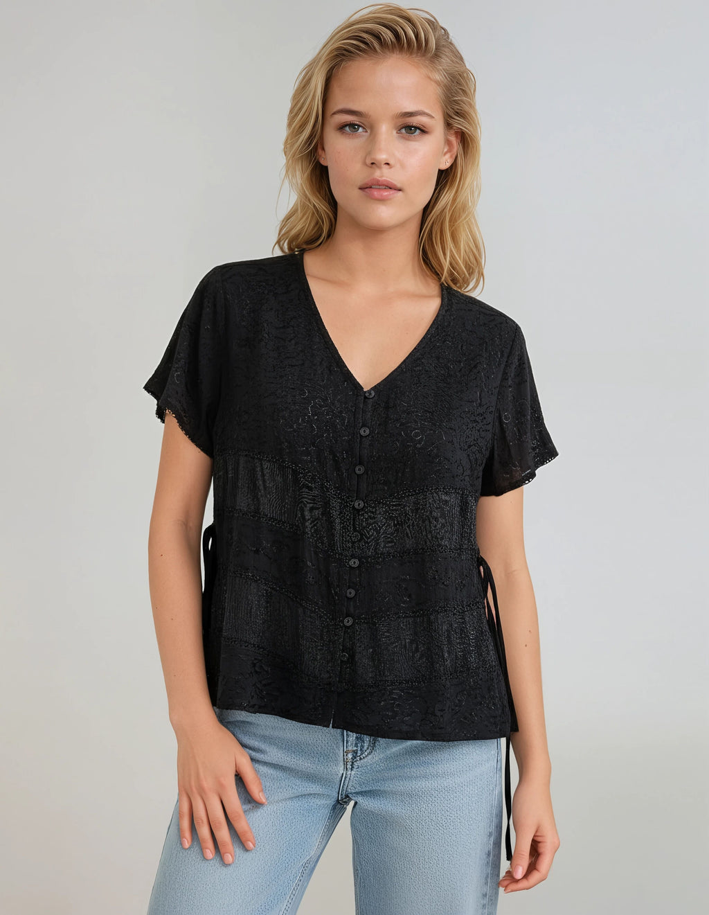 Unexpectedly You Noir Textured Button-Front Short Sleeve Top