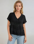 Unexpectedly You Noir Textured Button-Front Short Sleeve Top