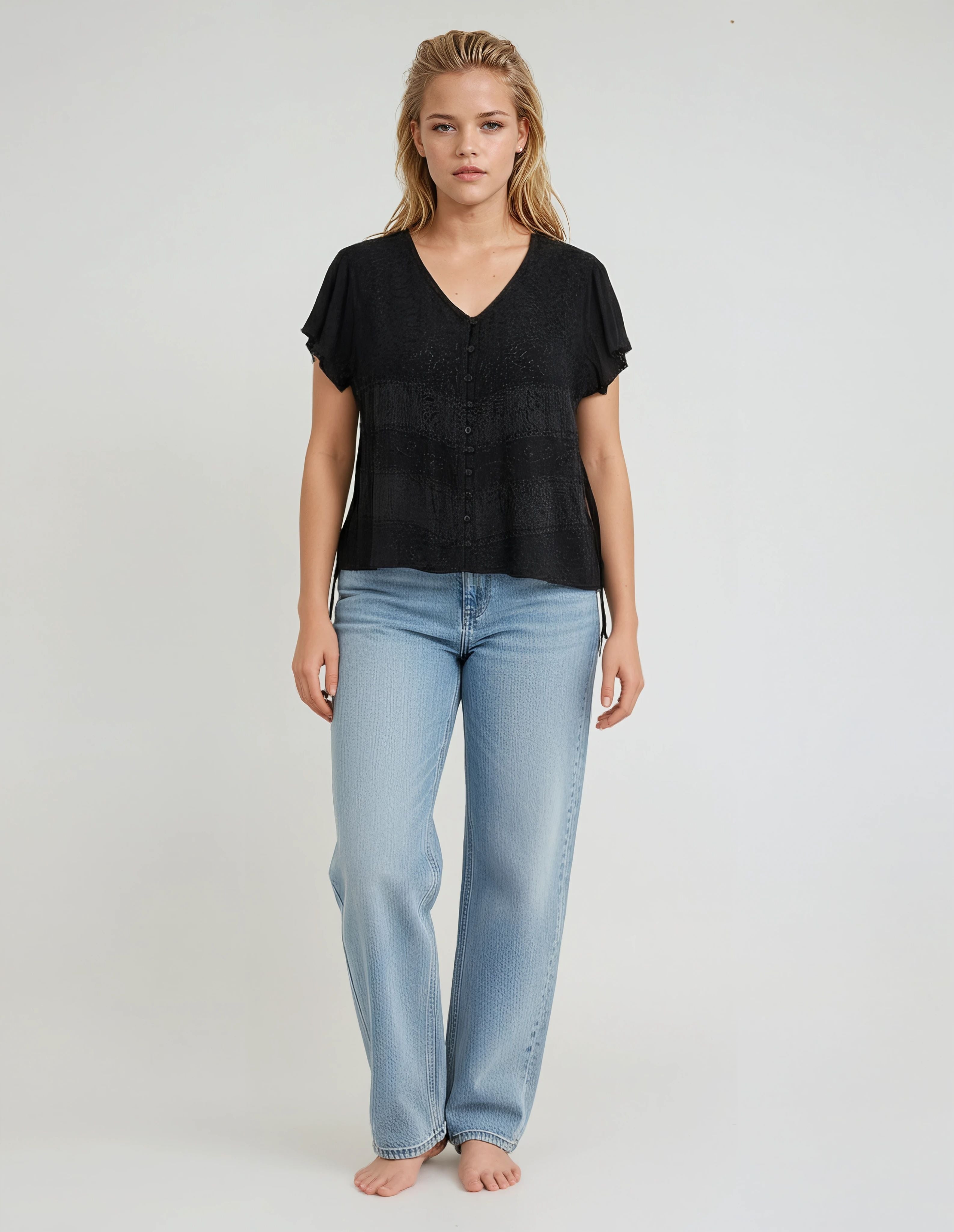 Unexpectedly You Noir Textured Button-Front Short Sleeve Top