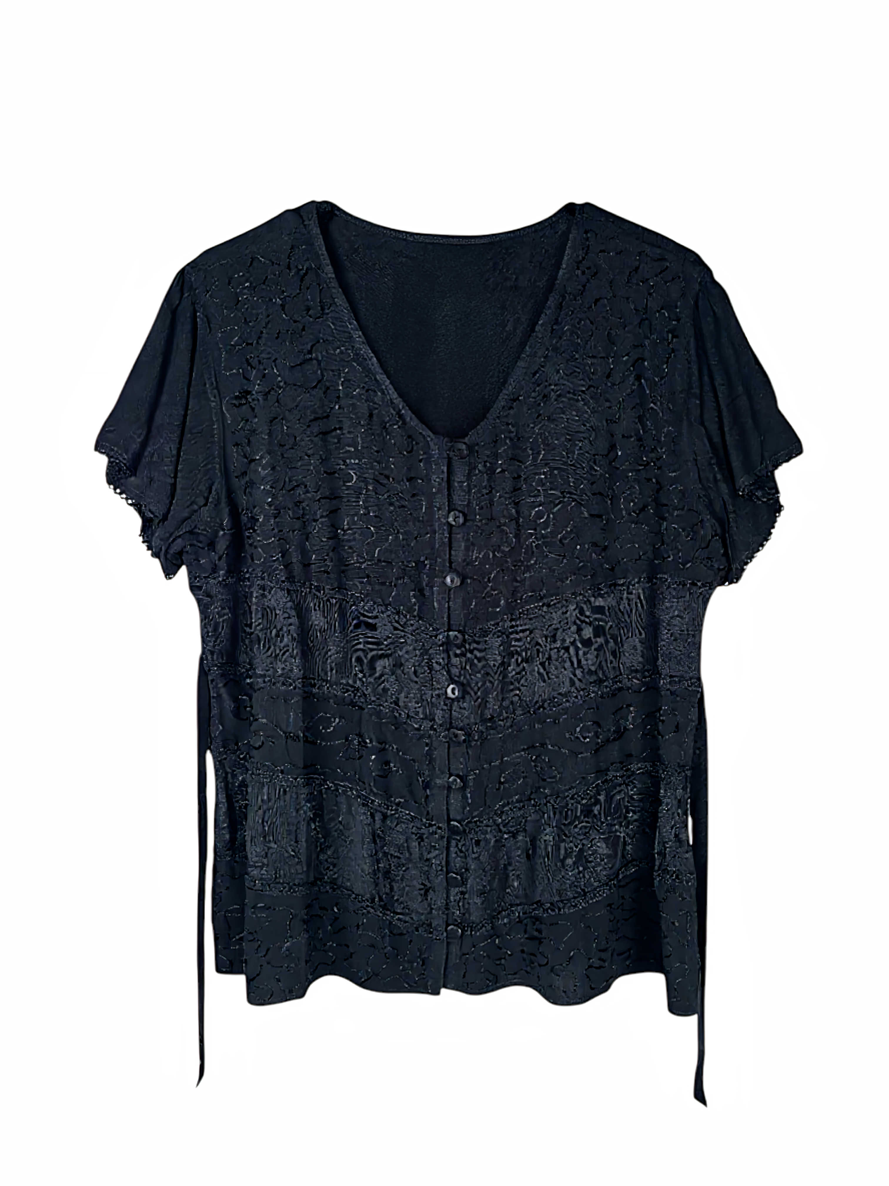 Unexpectedly You Noir Textured Button-Front Short Sleeve Top