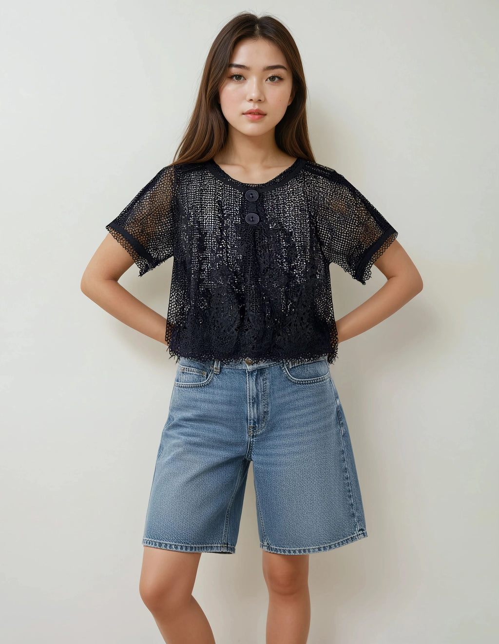 Unexpectedly You Noir Petal Crochet Button Top