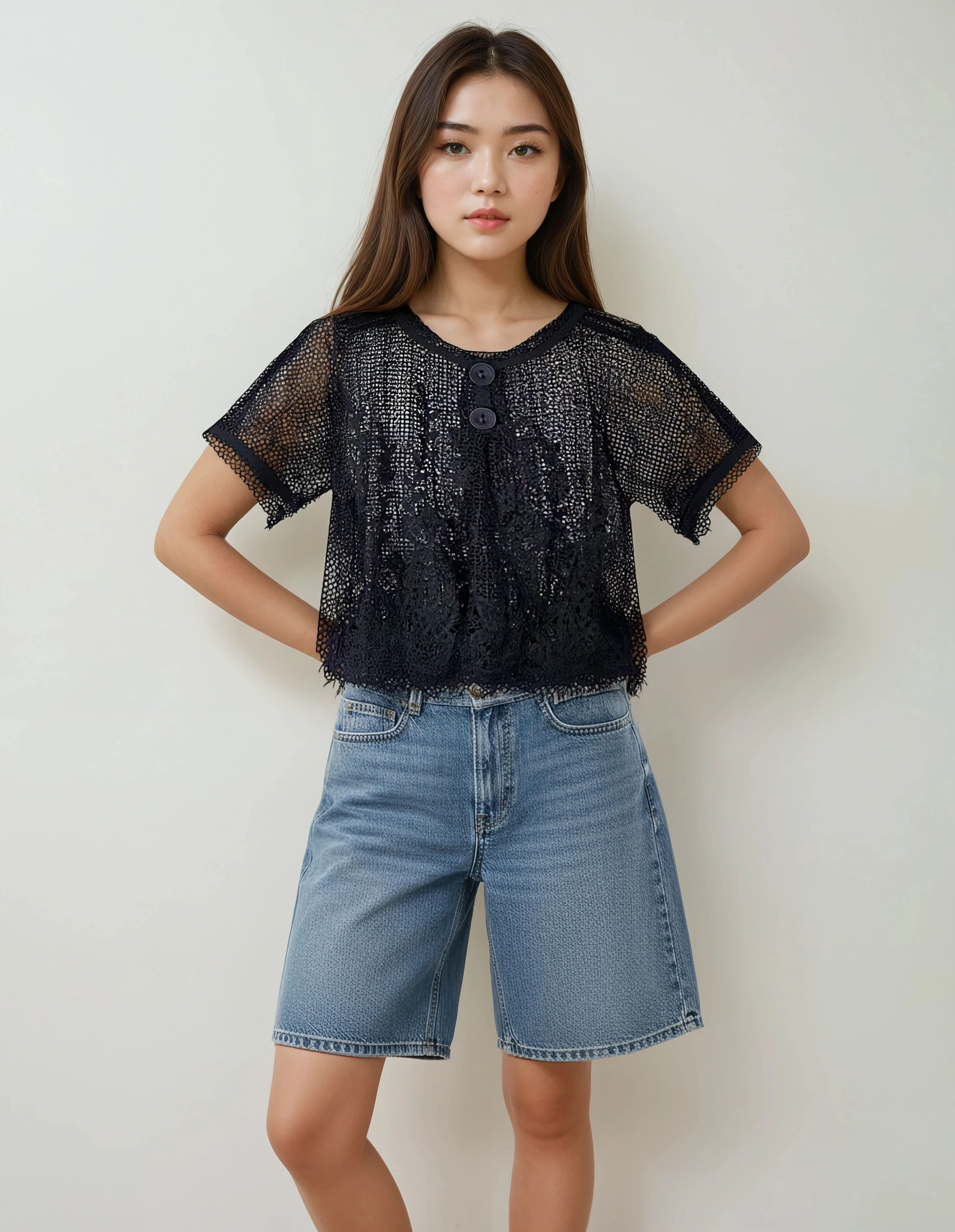 Unexpectedly You Noir Petal Crochet Button Top