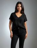 Unexpectedly You Noir Textured Elegance Button-Down Top