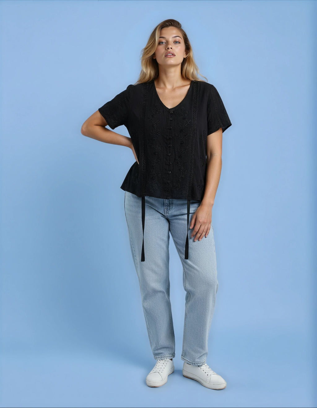 Unexpectedly You Midnight Petal Button-Front Embroidered Top