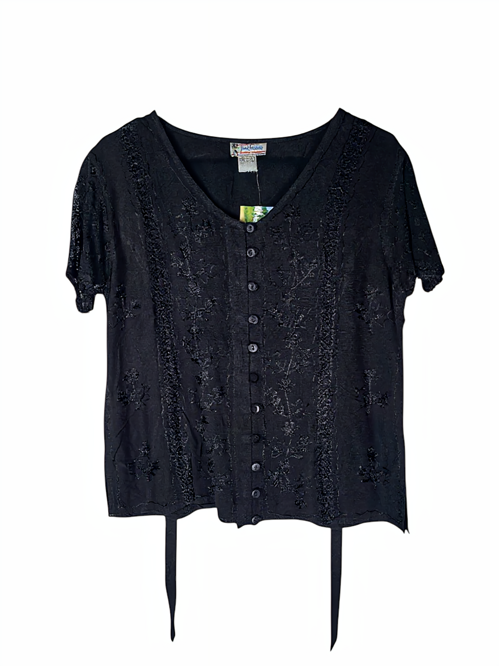 Unexpectedly You Midnight Petal Button-Front Embroidered Top