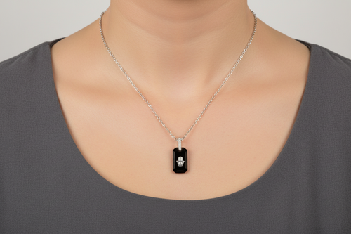 Black Onyx and CZ hamsa pendant sterling silver necklace