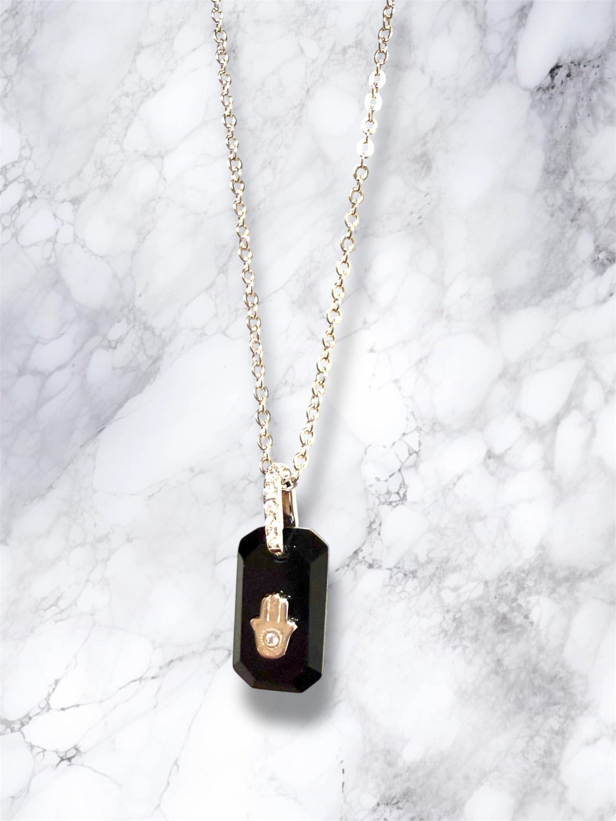 Black Onyx and CZ hamsa pendant sterling silver necklace