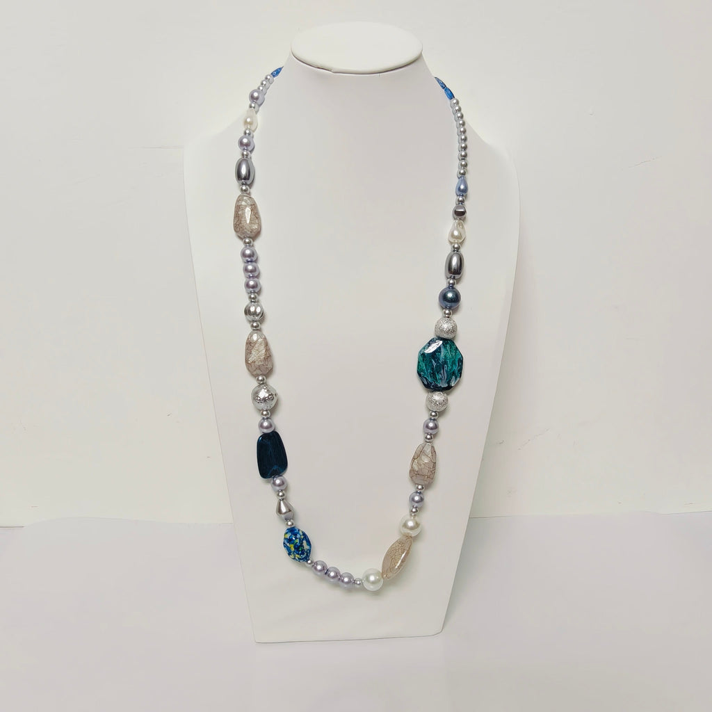 Handmade Resin & Shell Bead Necklace |  Artistic Beaded Statement Necklace |  Long Lightweight Boho Jewelry for Women (MAC346)