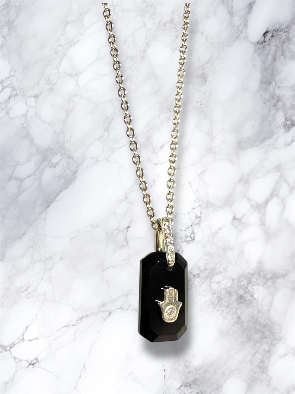 Black Onyx and CZ hamsa pendant sterling silver necklace