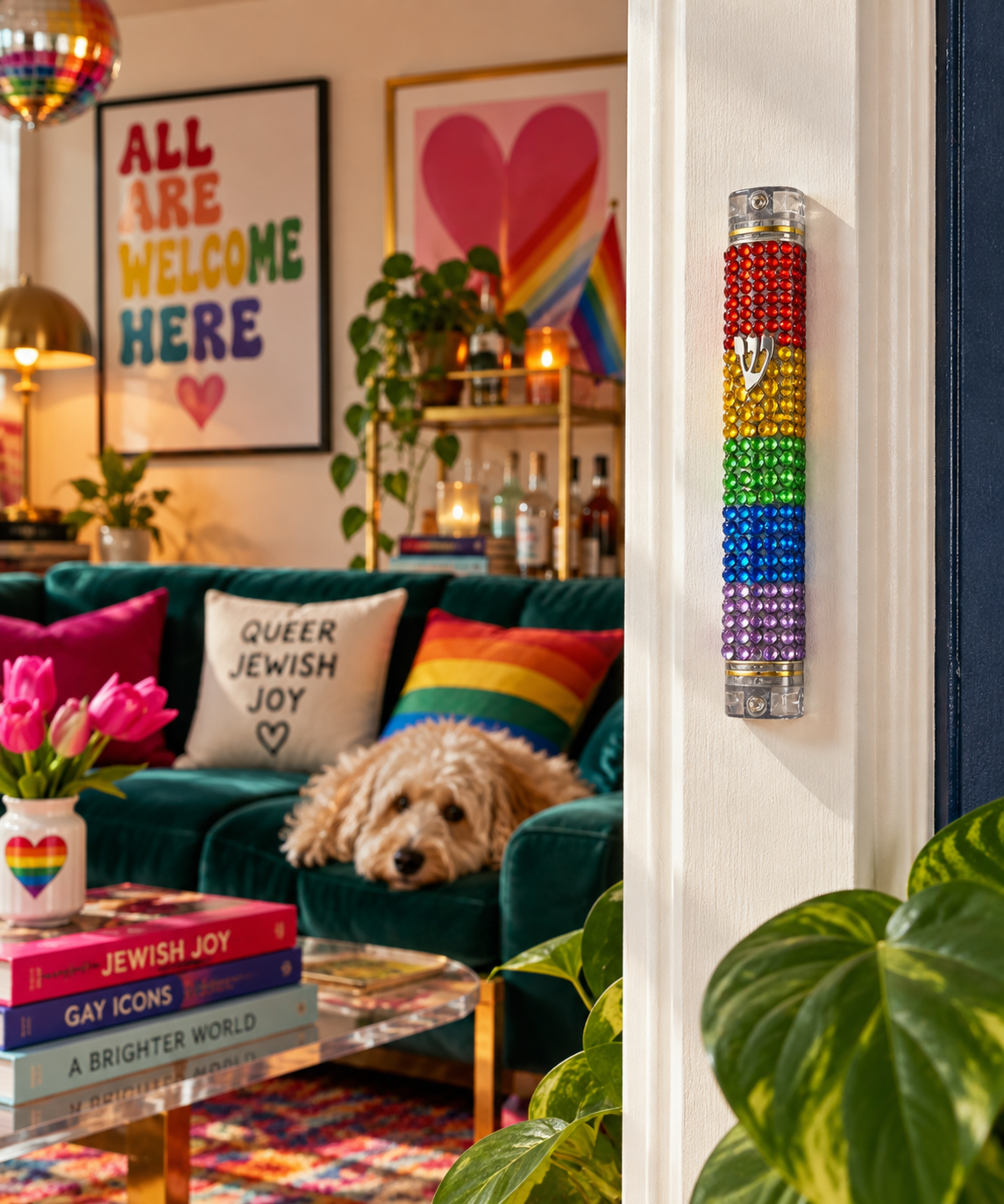 Rainbow Riot Rhinestone Mezuzah Case