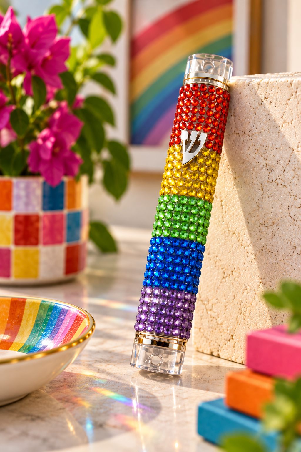 Rainbow Riot Rhinestone Mezuzah Case