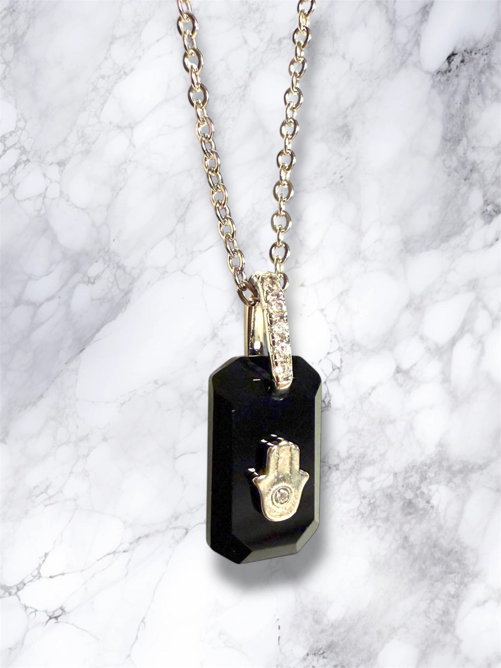Black Onyx and CZ hamsa pendant sterling silver necklace